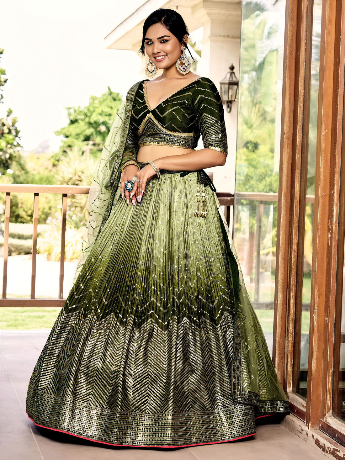 Wonderful Green Sequins Chinon Mehendi Wear Lehenga Choli