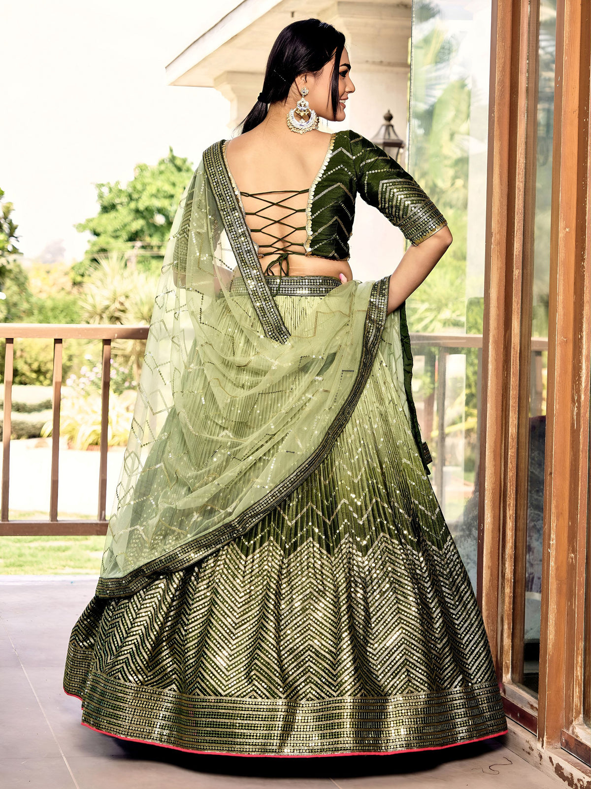 Wonderful Green Sequins Chinon Mehendi Wear Lehenga Choli