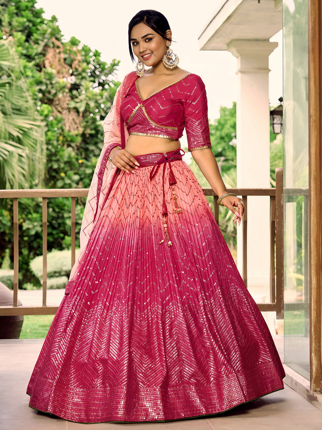 Majestic Pink Sequins Chinon Wedding Wear Lehenga Choli With Dupatta