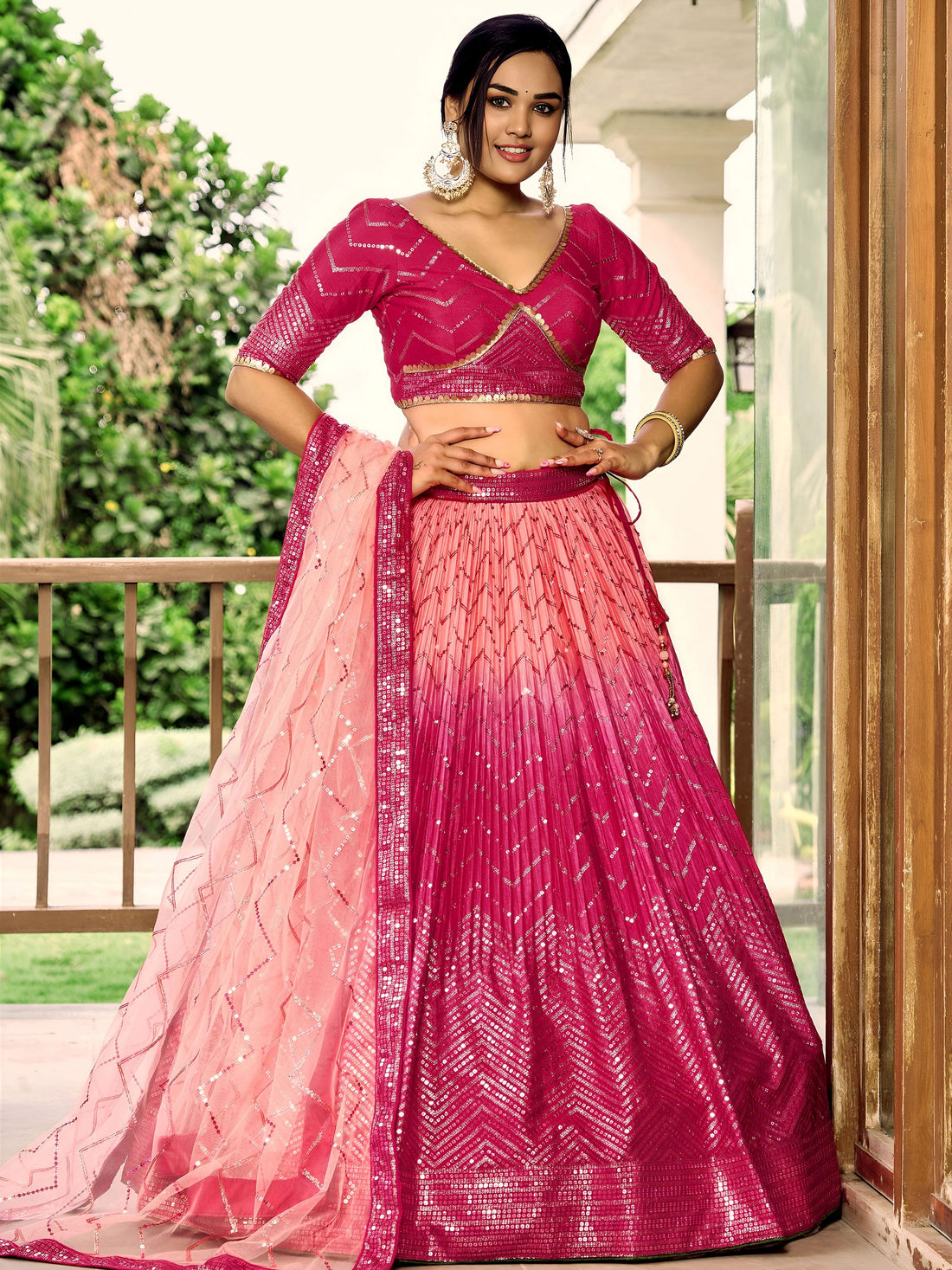 Majestic Pink Sequins Chinon Wedding Wear Lehenga Choli With Dupatta