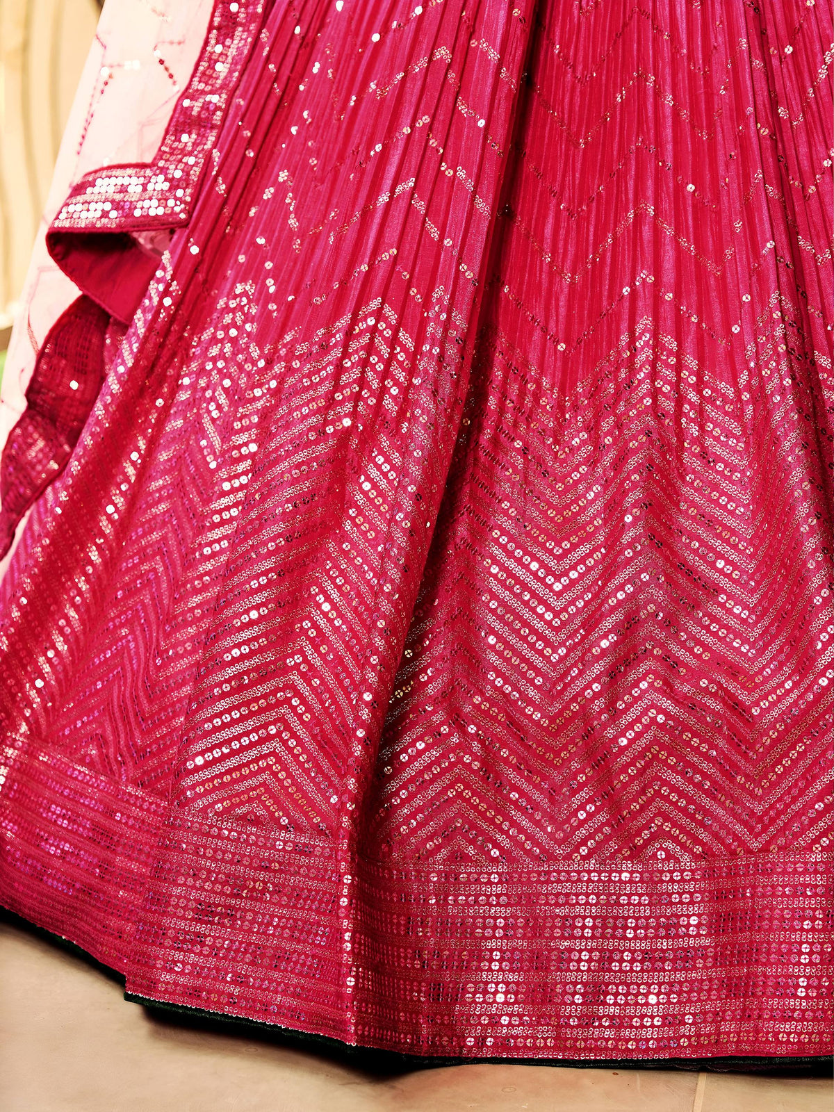 Majestic Pink Sequins Chinon Wedding Wear Lehenga Choli With Dupatta