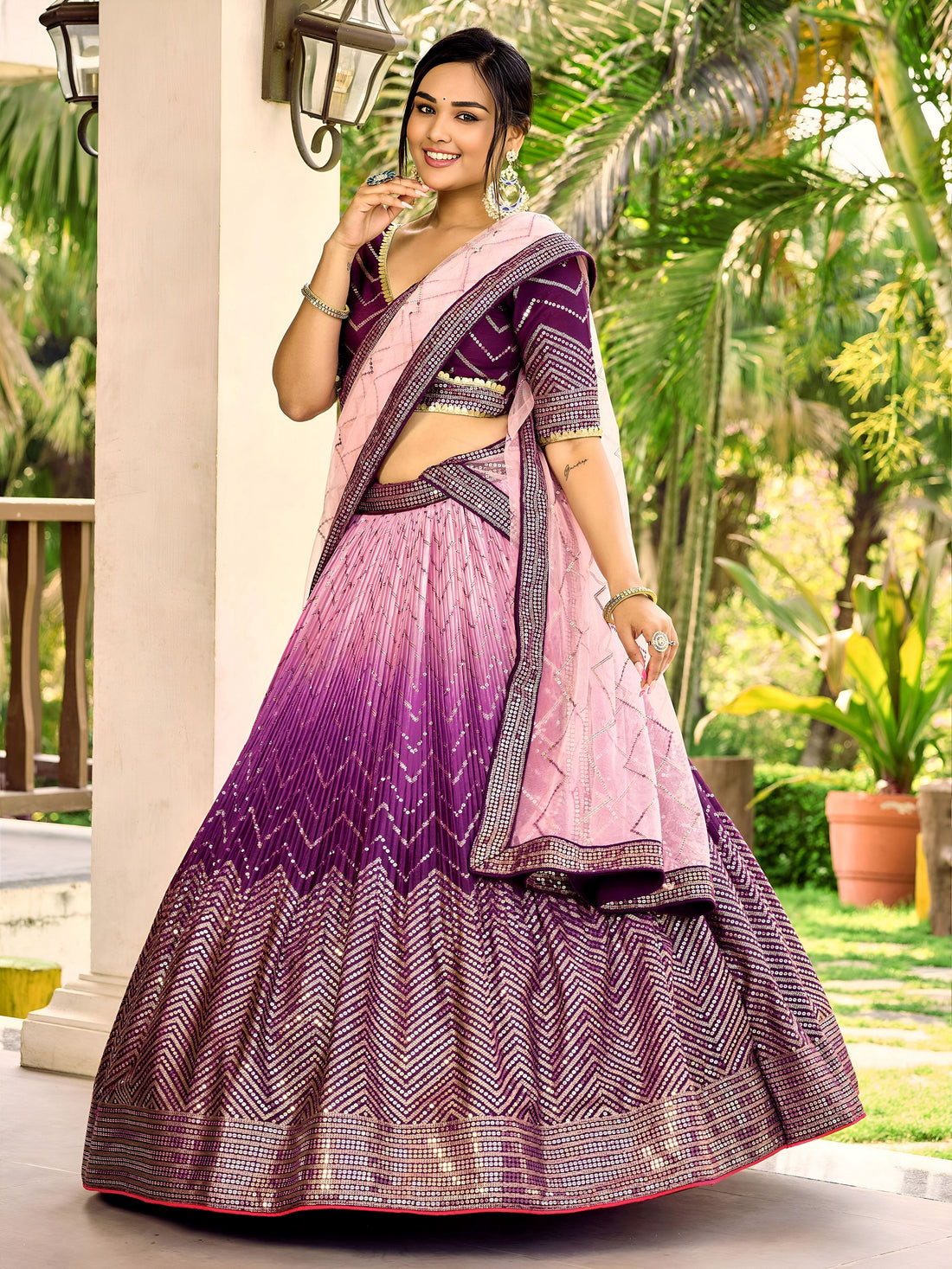 Fabulous Purple Sequins Chinon Traditional Lehenga Choli With Dupatta
