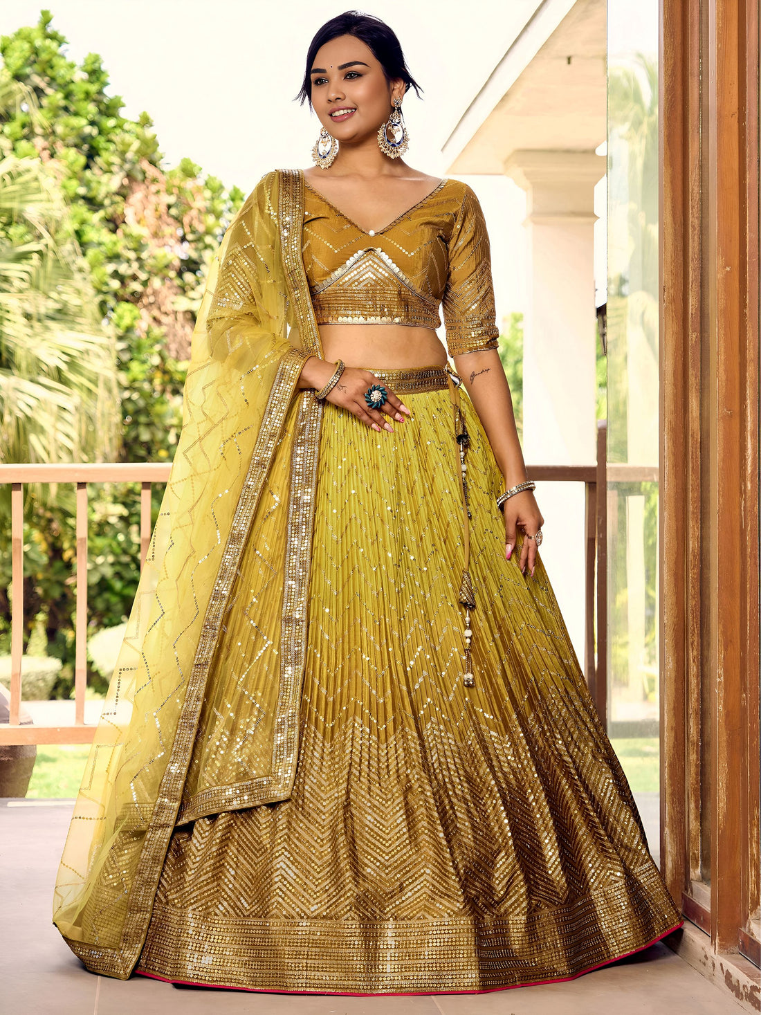 Incredible Yellow Sequins Chinon Haldi Wear Lehenga Choli With Dupatta