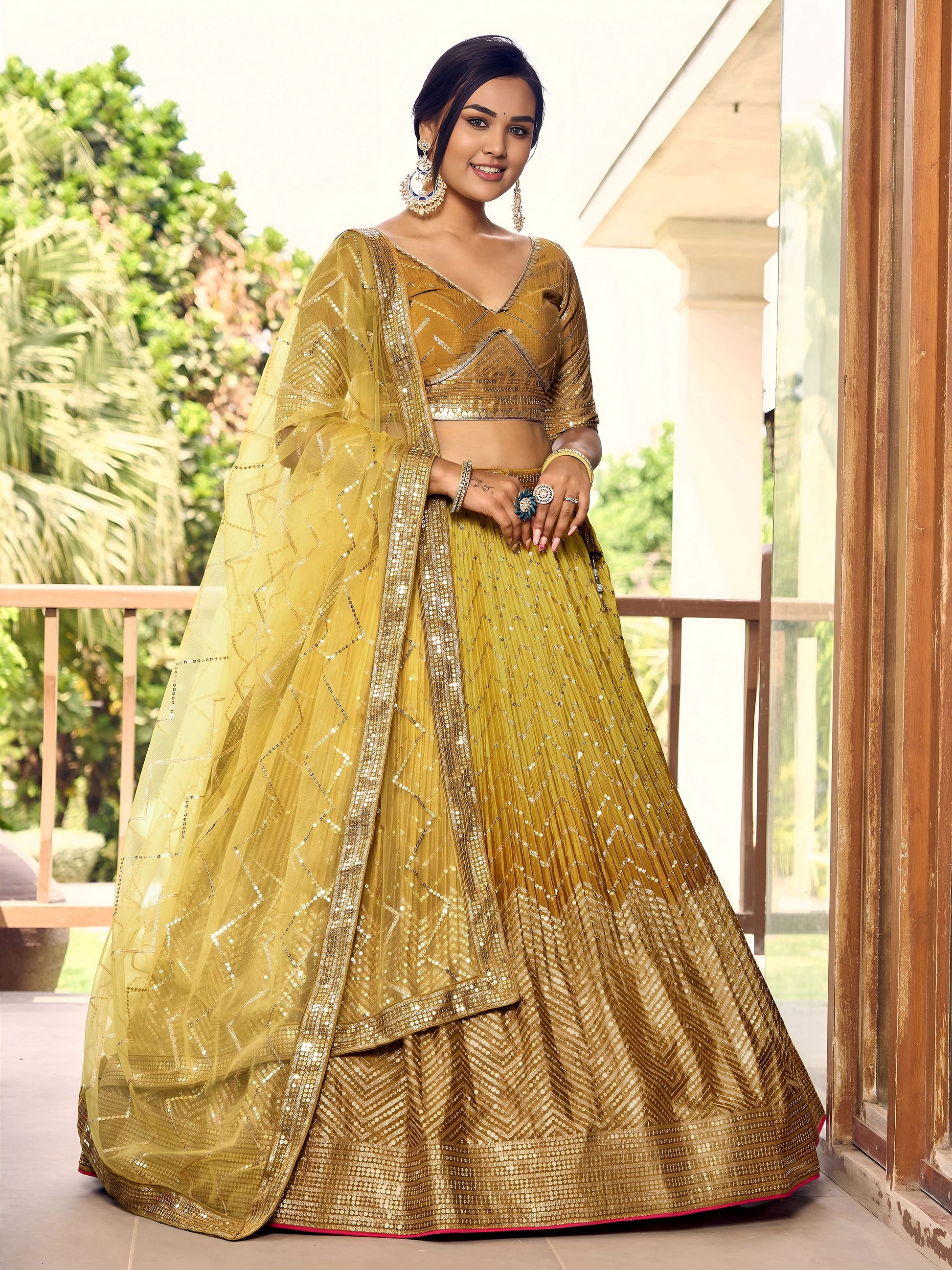 Incredible Yellow Sequins Chinon Haldi Wear Lehenga Choli With Dupatta