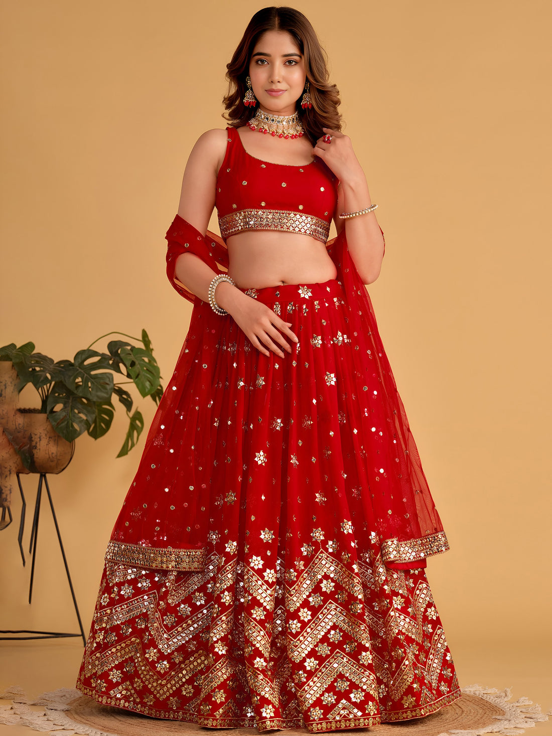 Lovely Red Sequins Georgette Engagement Wear Lehenga Choli
