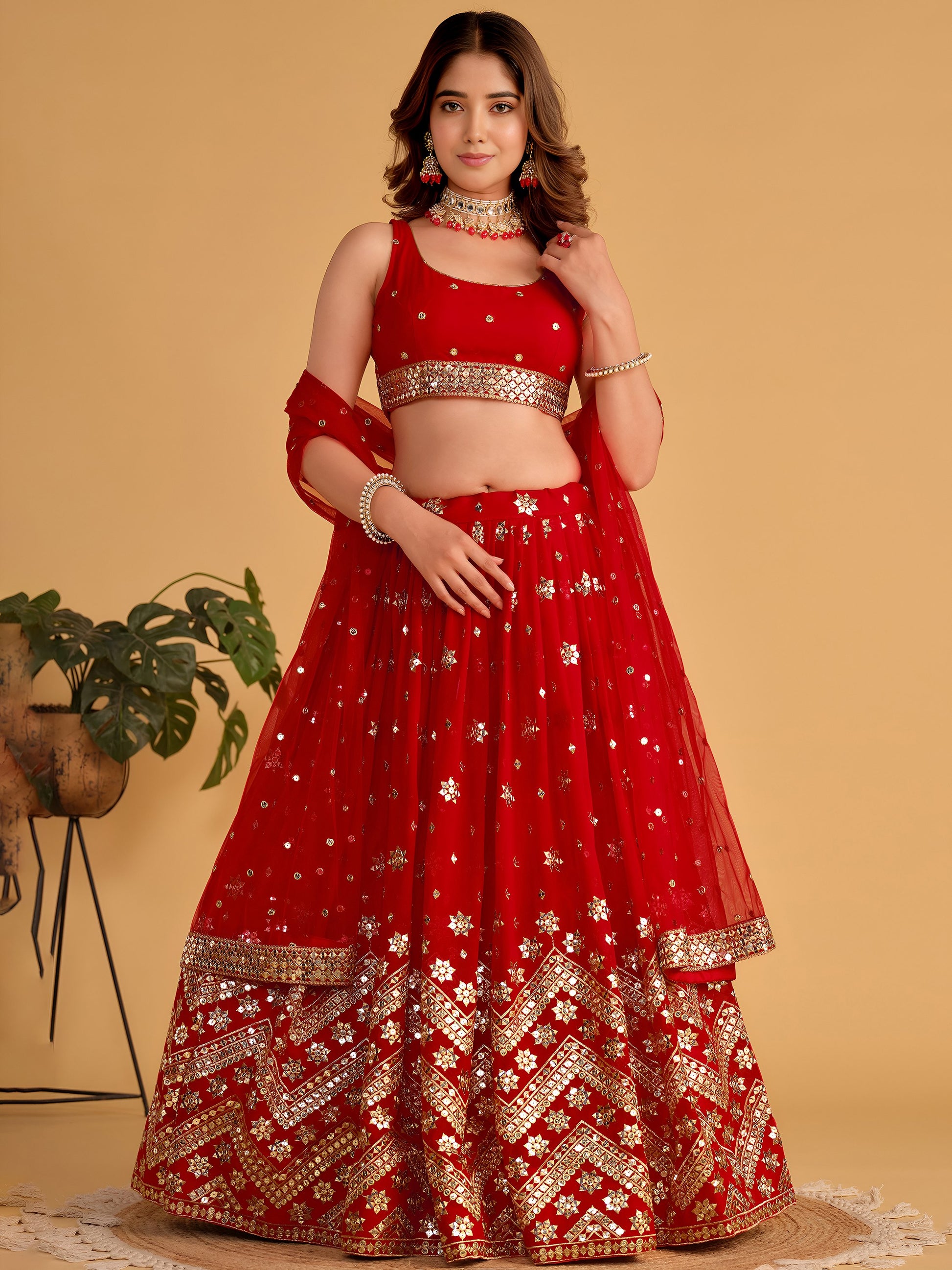 Lovely Red Sequins Georgette Engagement Wear Lehenga Choli