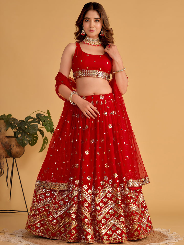 Lovely Red Sequins Georgette Engagement Wear Lehenga Choli