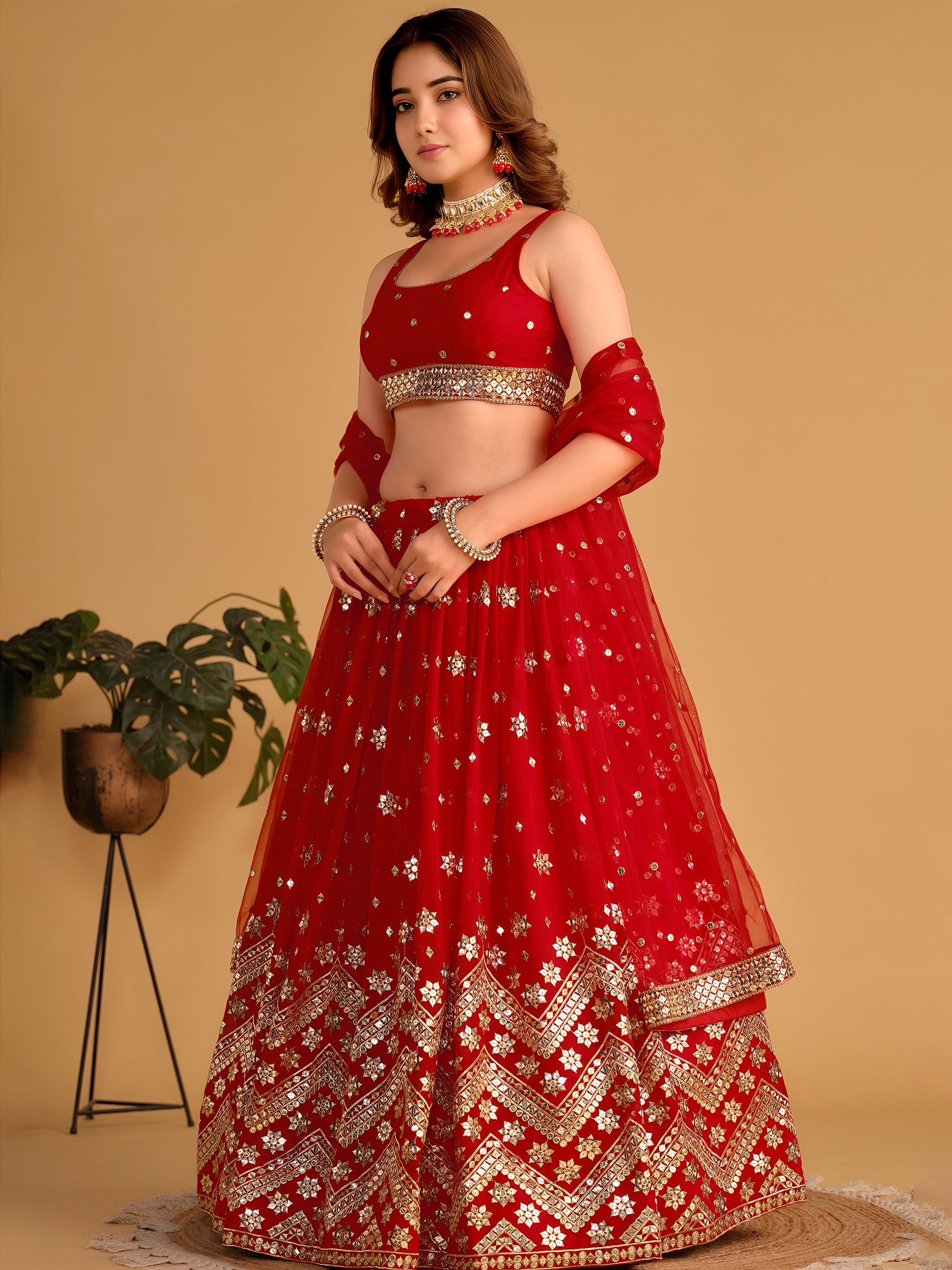 Lovely Red Sequins Georgette Engagement Wear Lehenga Choli