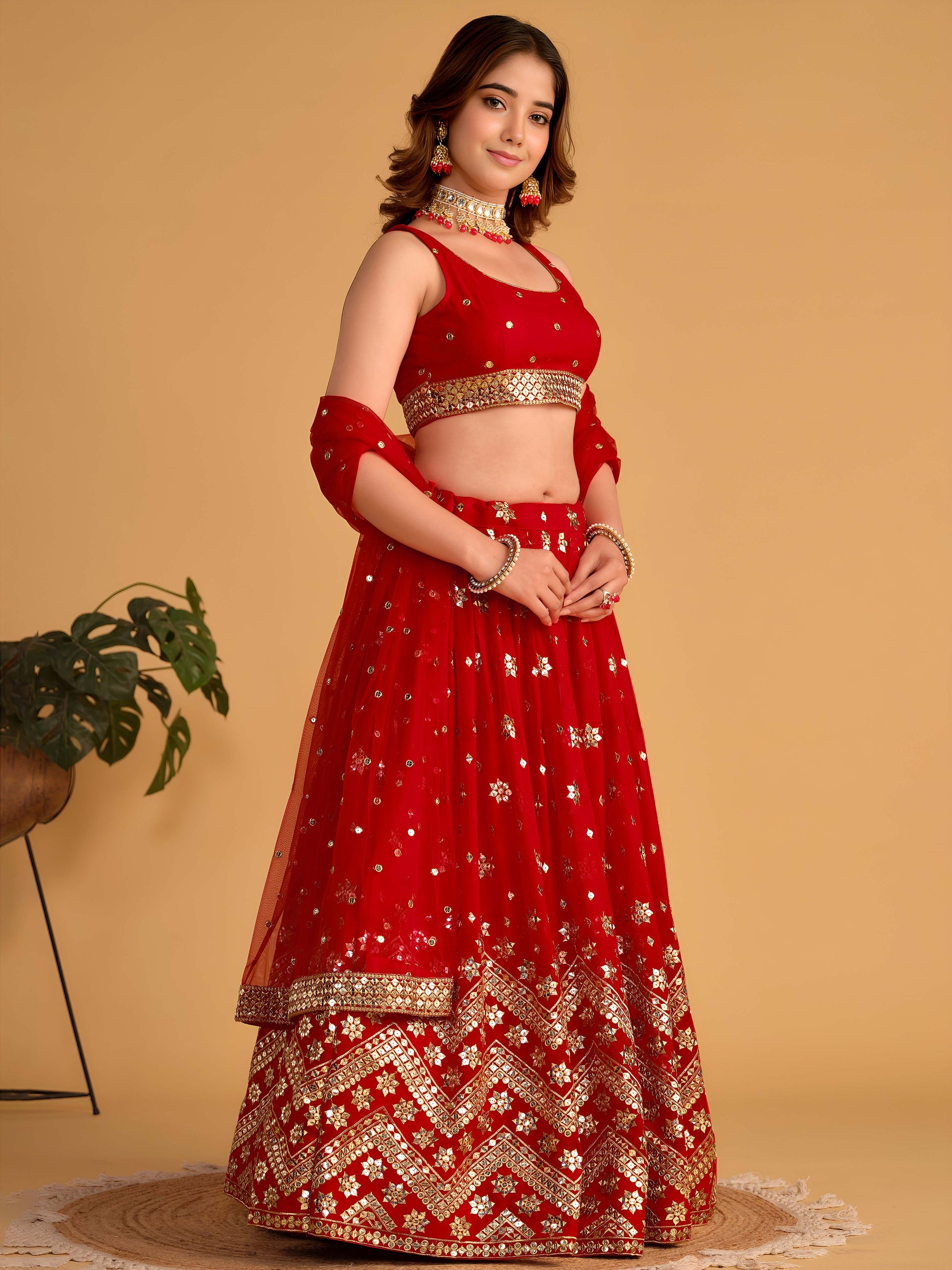Lovely Red Sequins Georgette Engagement Wear Lehenga Choli
