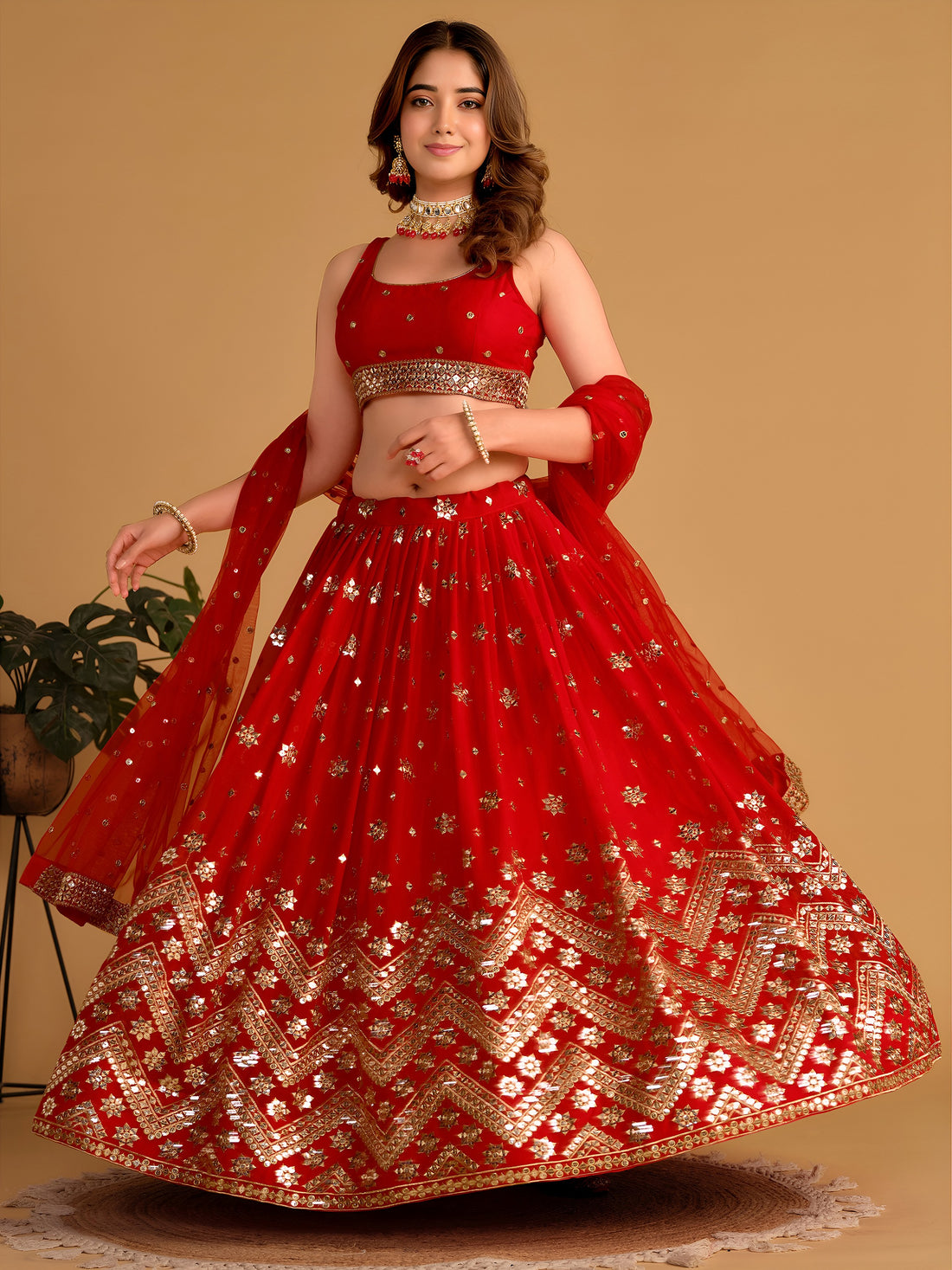 Lovely Red Sequins Georgette Engagement Wear Lehenga Choli