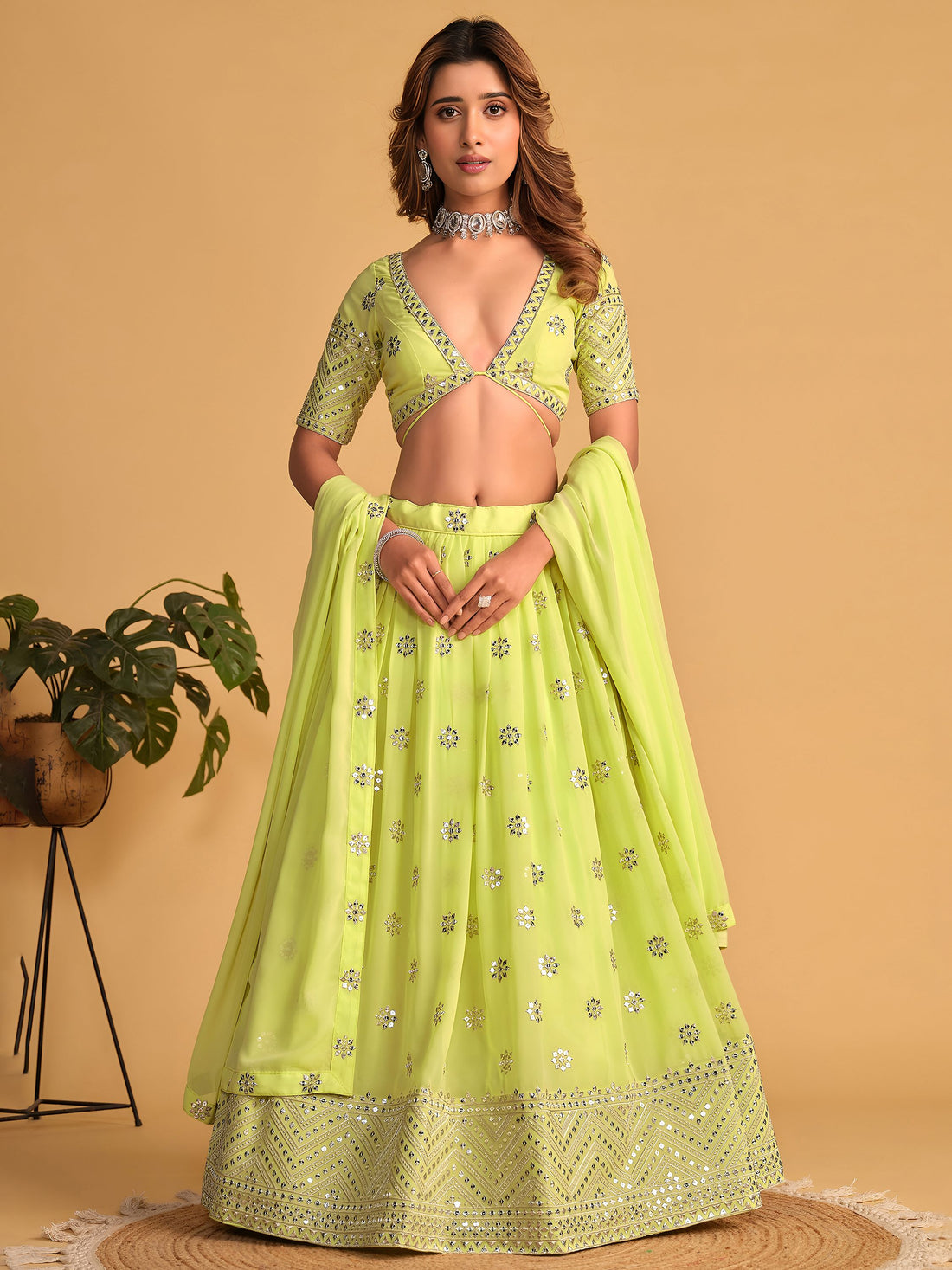 Ravished Lime Green Embroidered Georgette Traditional Lehenga Choli