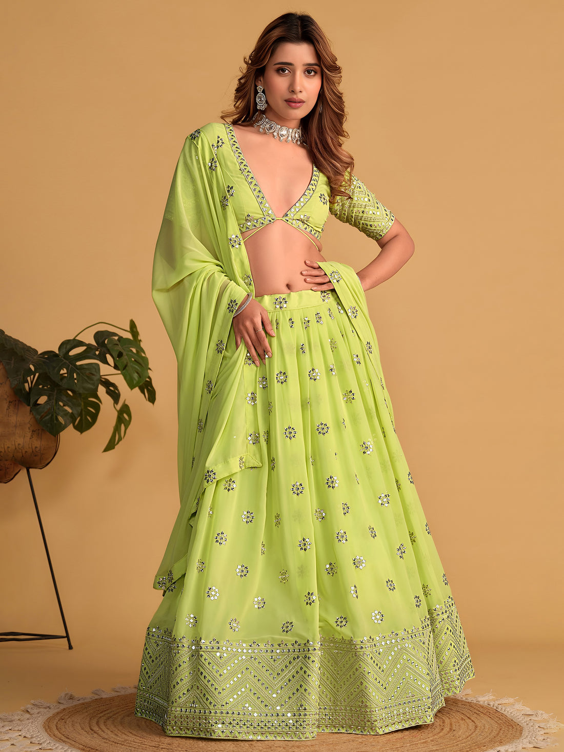Ravished Lime Green Embroidered Georgette Traditional Lehenga Choli