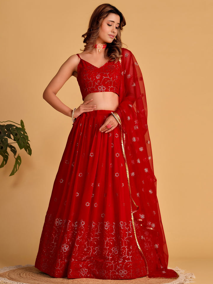 Spectacular Red Sequins Georgette Reception Wear Lehenga Choli