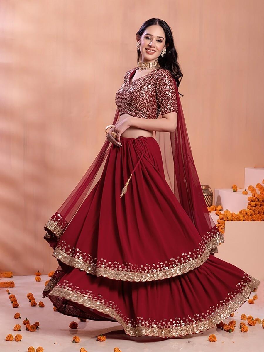 Lovely Maroon Sequins Georgette Designer Lehenga Choli With Dupatta