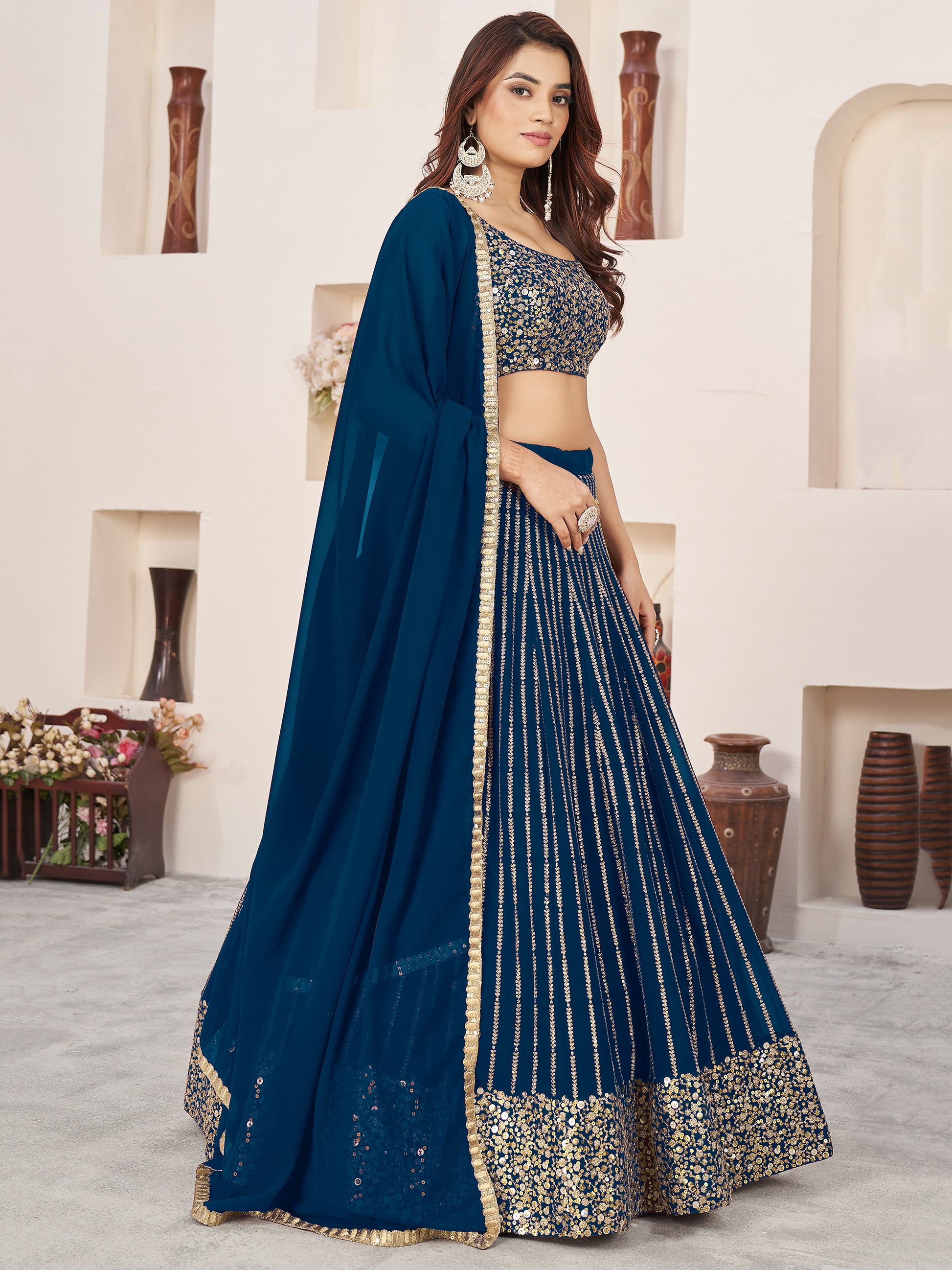 Awesome Blue Sequins Georgette Reception Wear Lehenga Choli