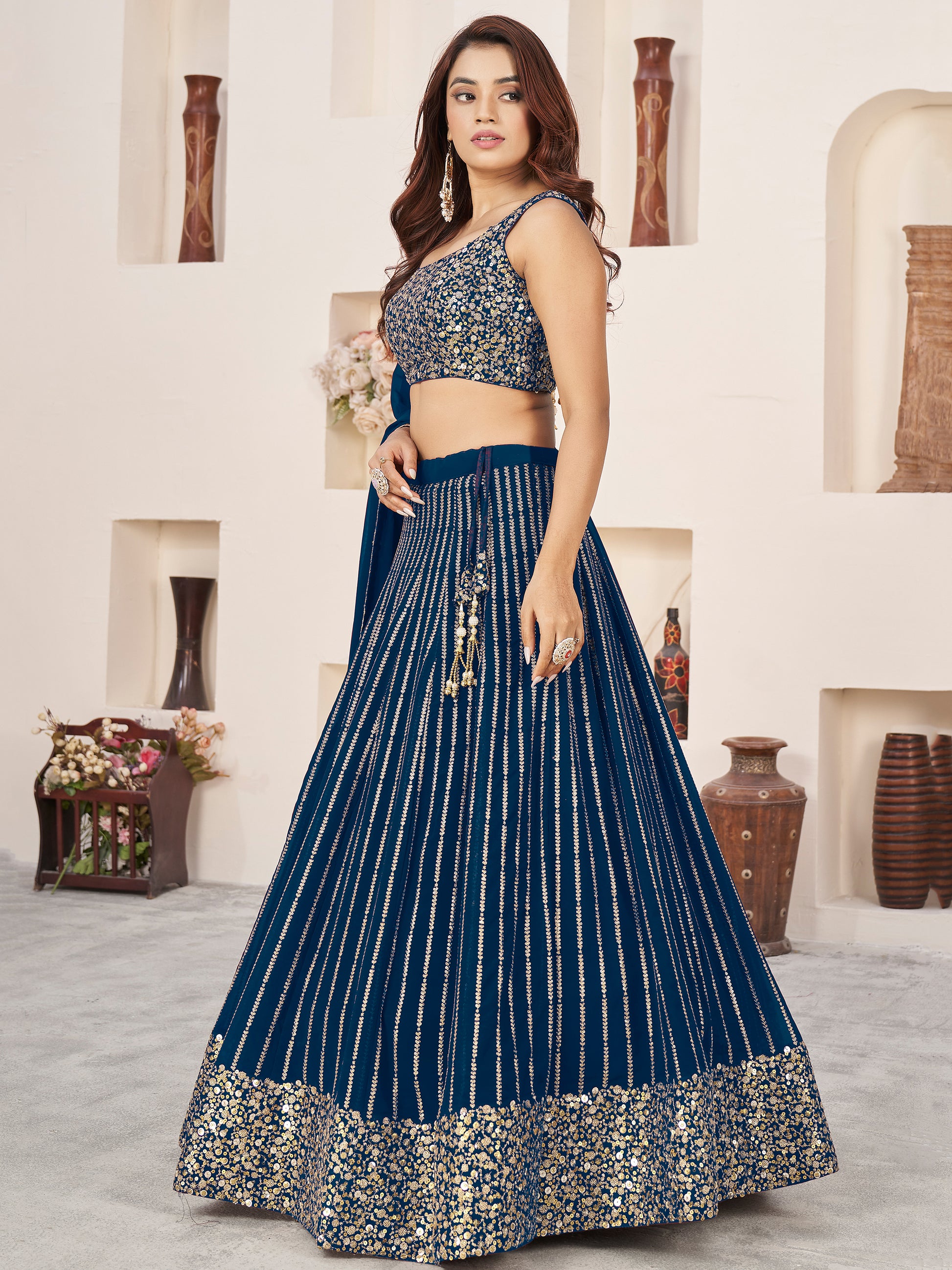 Awesome Blue Sequins Georgette Reception Wear Lehenga Choli