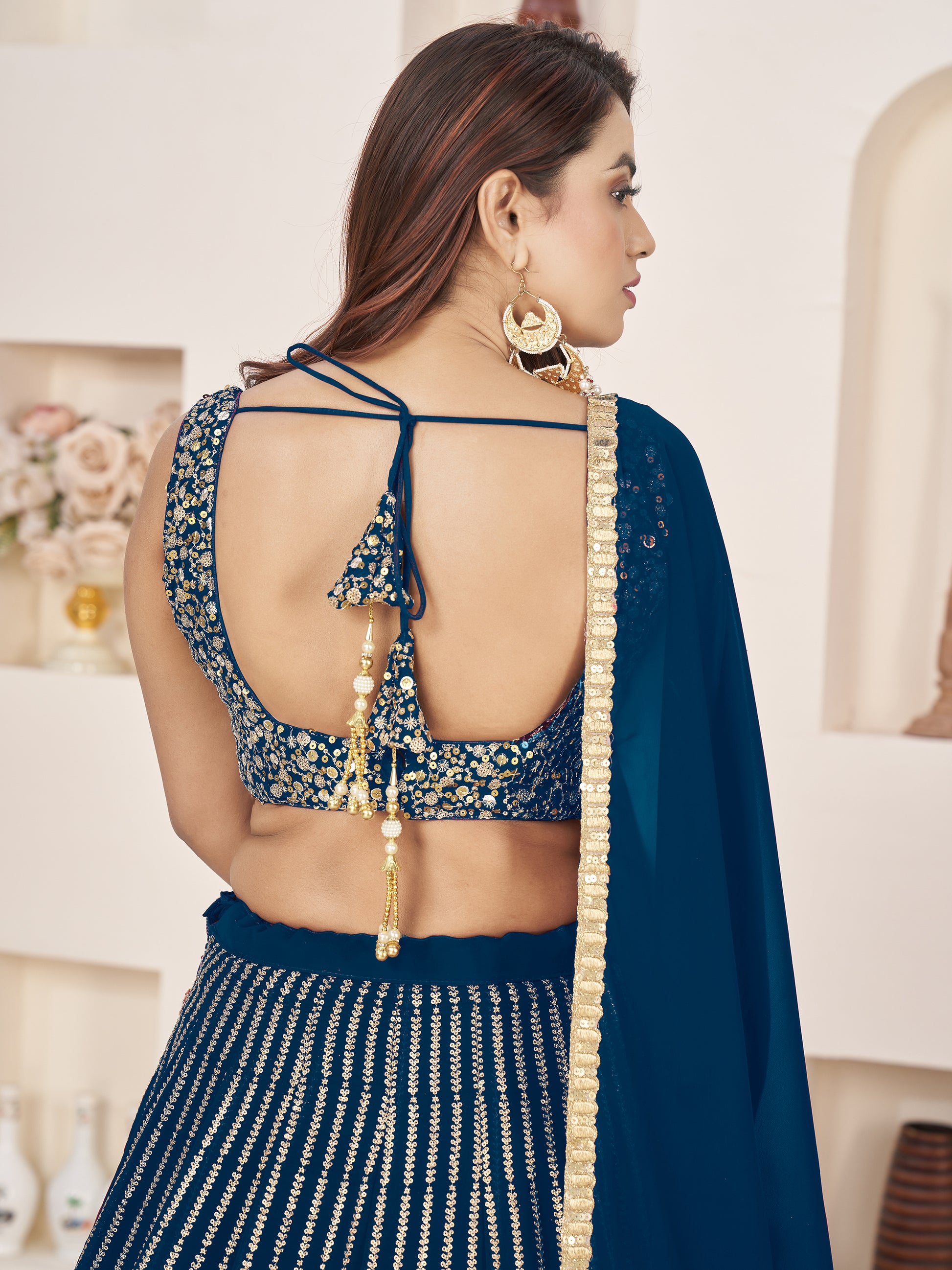 Awesome Blue Sequins Georgette Reception Wear Lehenga Choli