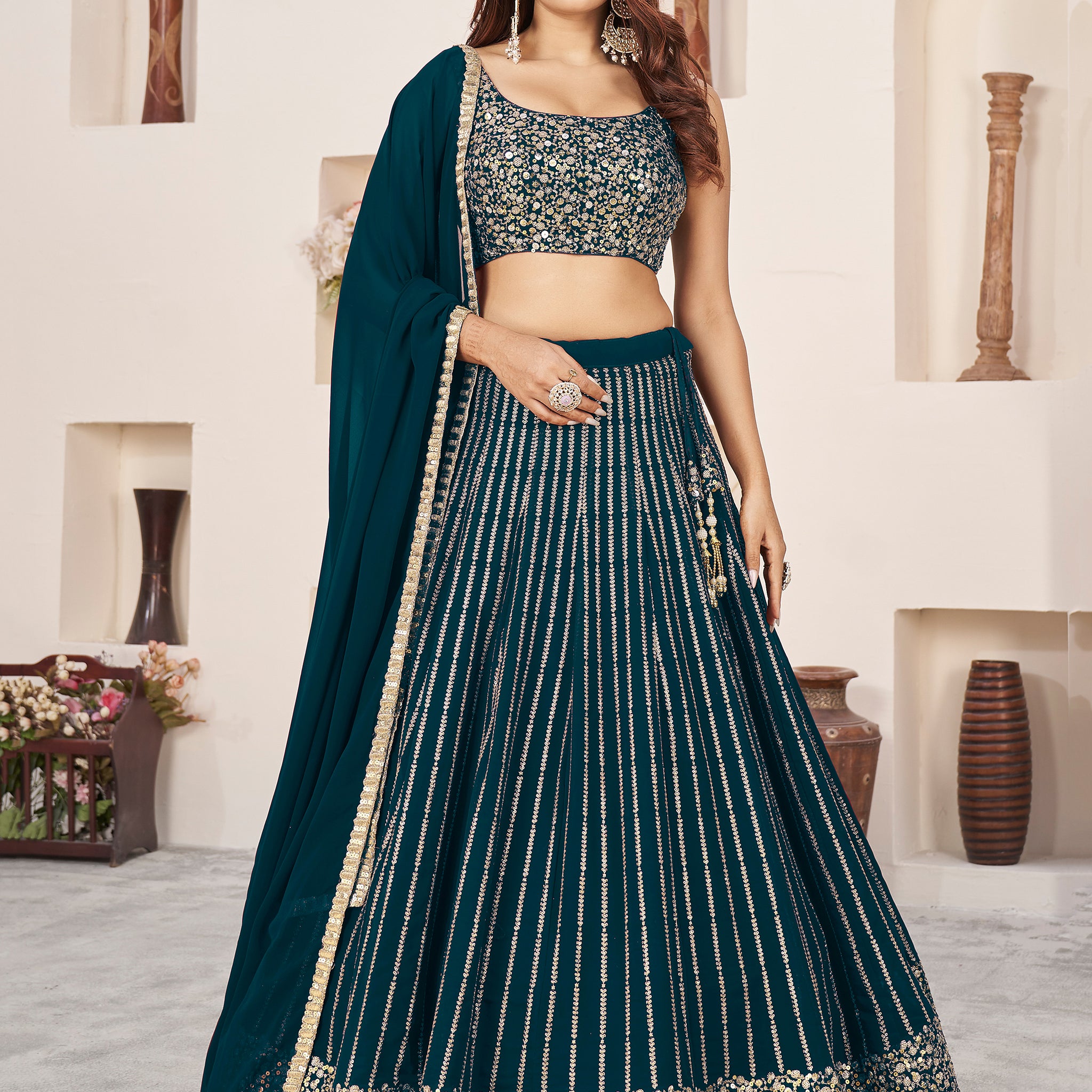 Amazing Teal Green Sequins Georgette Engagement Wear Lehenga Choli