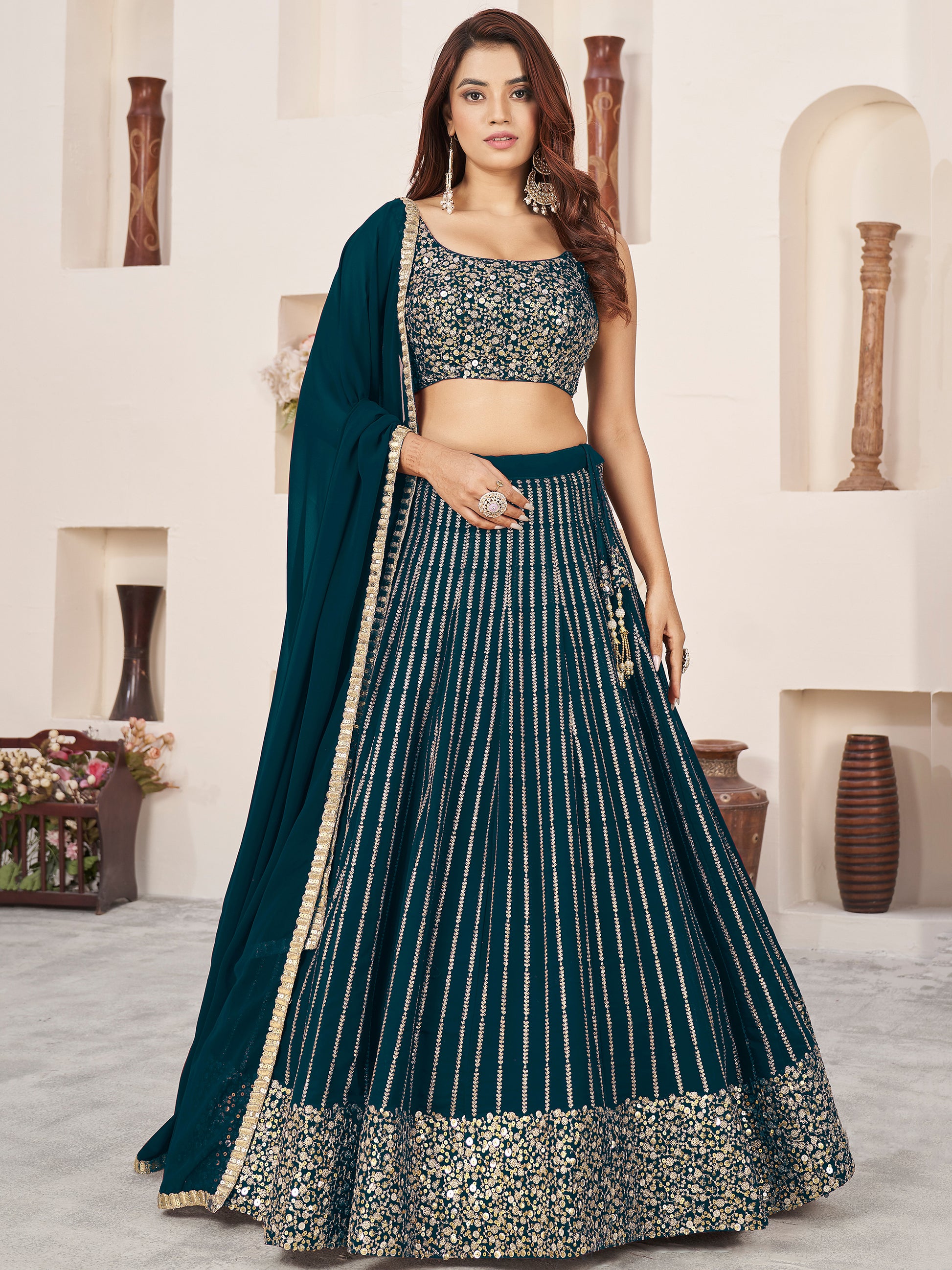 Amazing Teal Green Sequins Georgette Engagement Wear Lehenga Choli