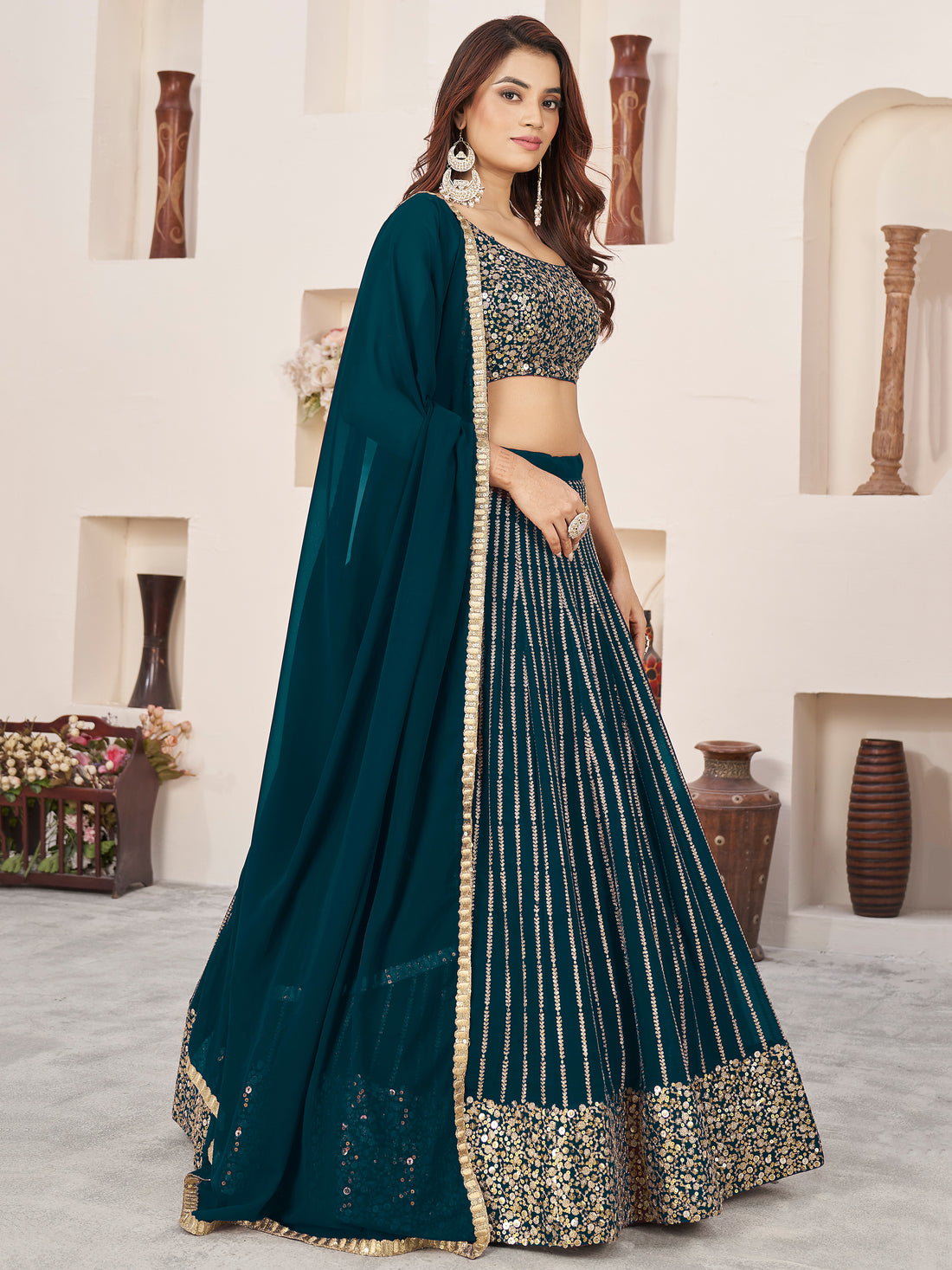 Amazing Teal Green Sequins Georgette Engagement Wear Lehenga Choli
