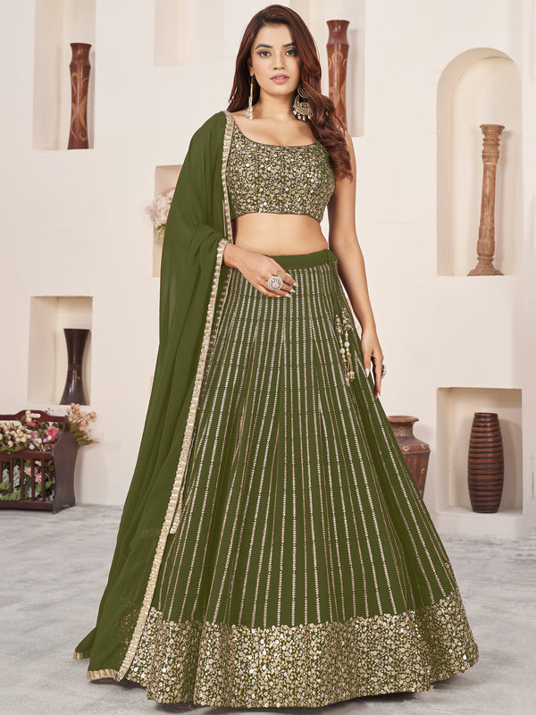 Outstanding Green Sequins Georgette Mehendi Wear Lehenga Choli
