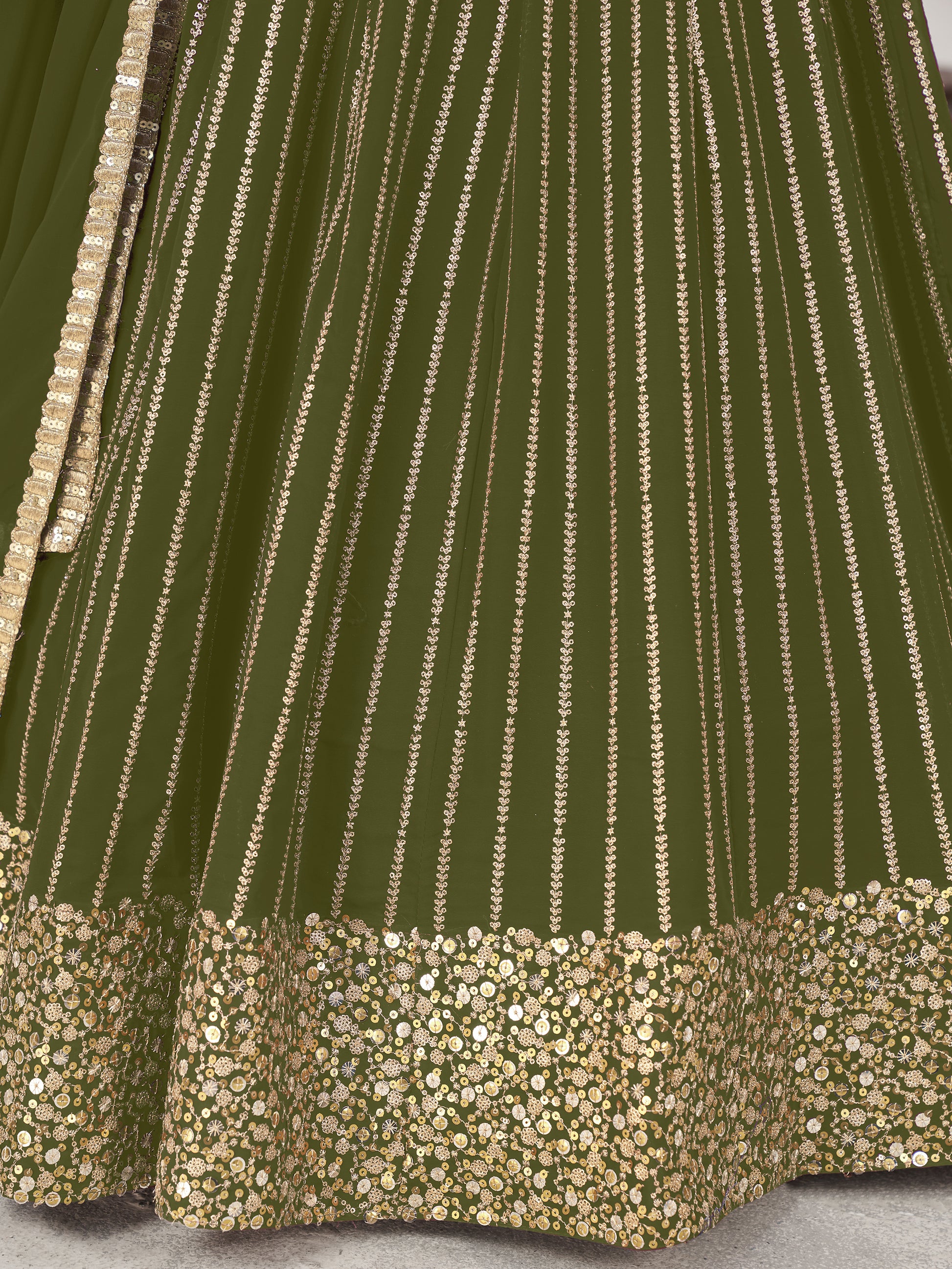 Outstanding Green Sequins Georgette Mehendi Wear Lehenga Choli