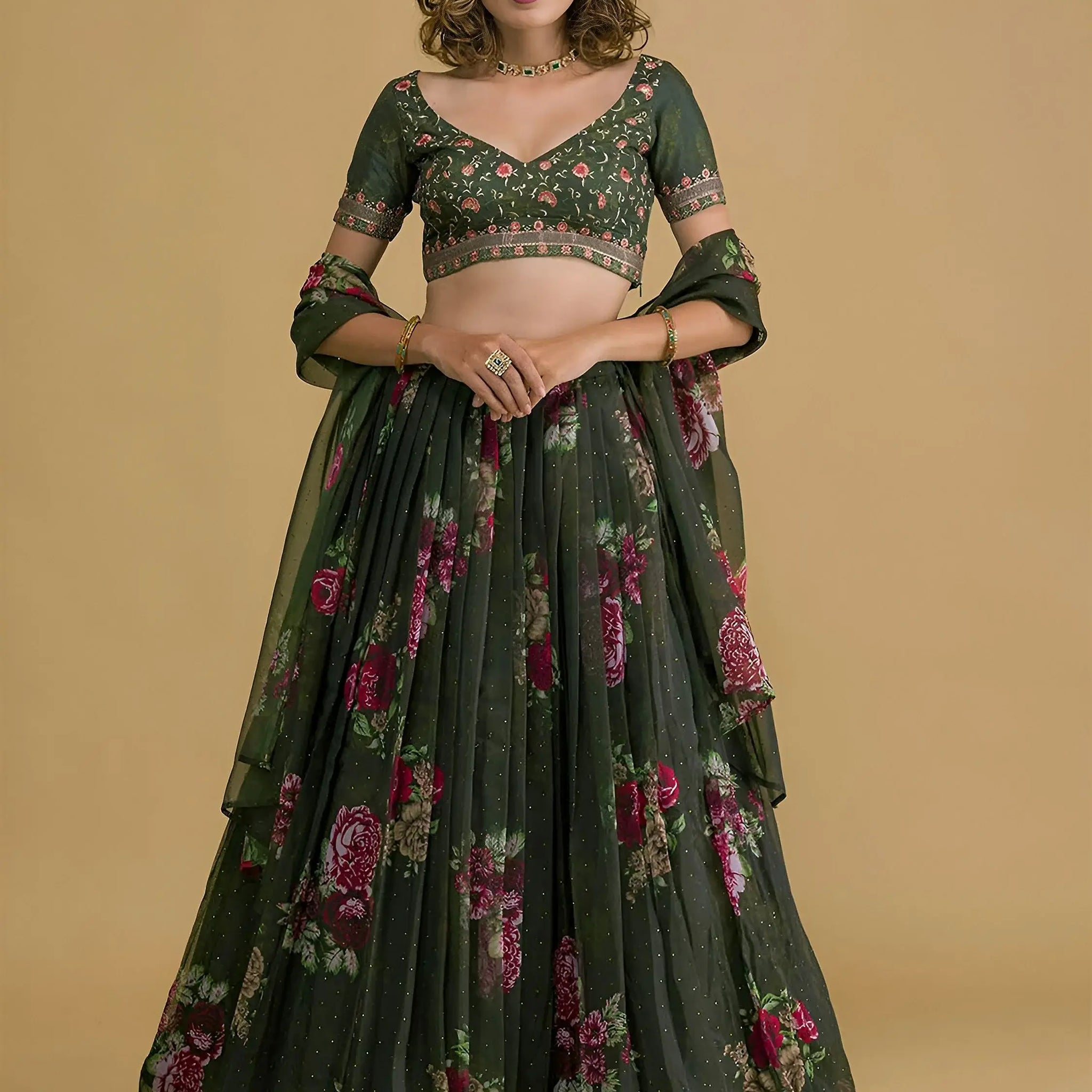 Charming Dark Green Floral Printed Organza Designer Lehenga Choli