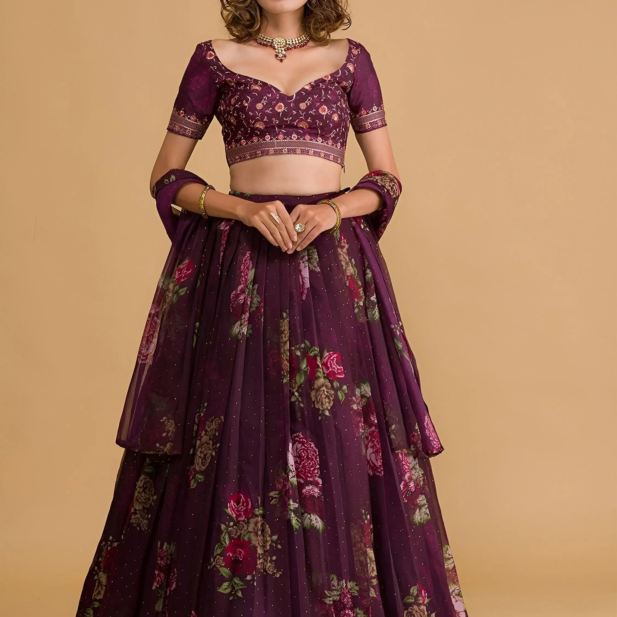 Amazing Purple Floral Printed Organza Sangeet Wear Lehenga Choli