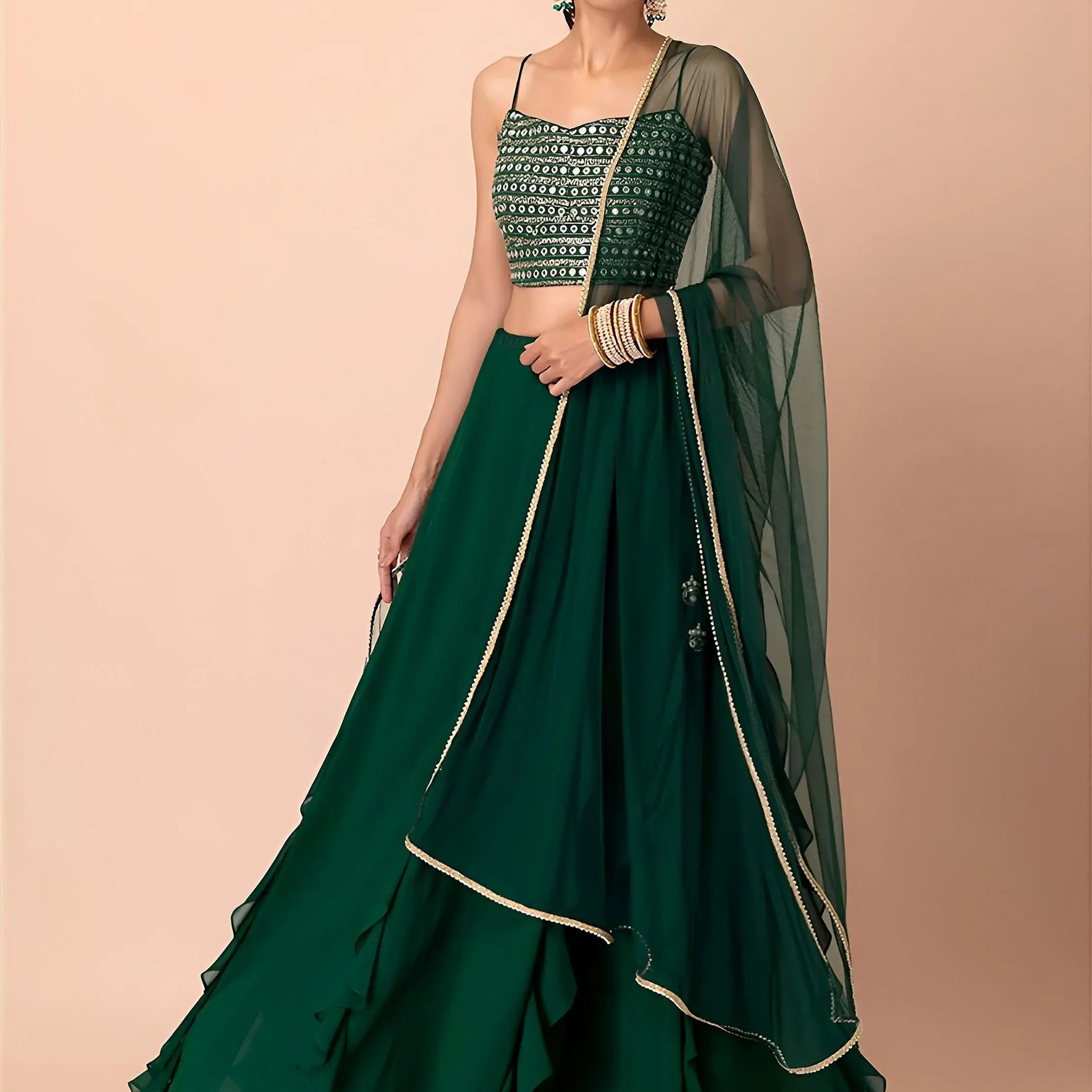 Appealing Dark Green Georgette Events Wear Lehenga Choli With Dupatta