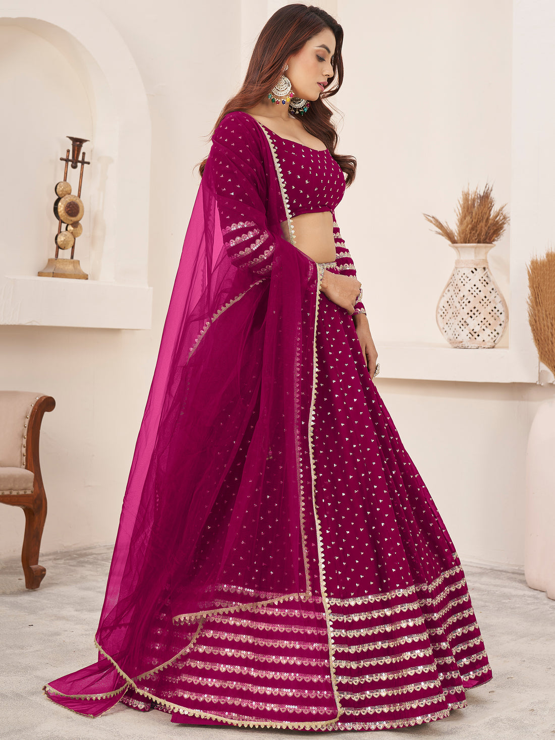 Lovable Rani Pink Sequins Georgette Wedding Wear Lehenga Choli