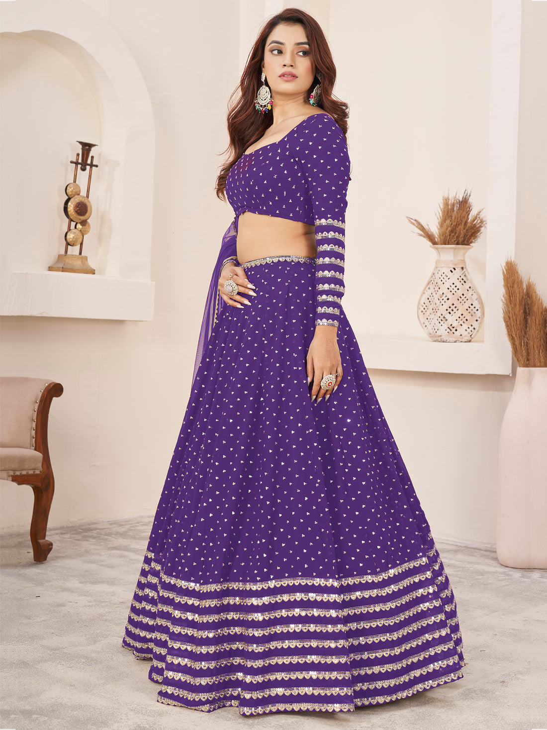 Fascinating Violet Sequins Georgette Engagement Wear Lehenga Choli