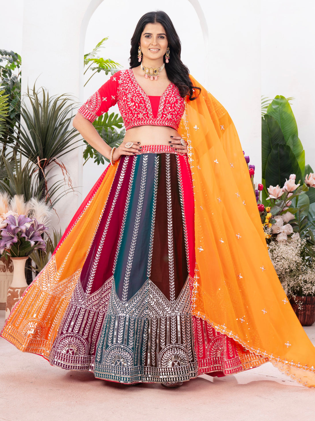 Adorable Multicolor Sequins Georgette Wedding Lehenga Choli With Dupatta
