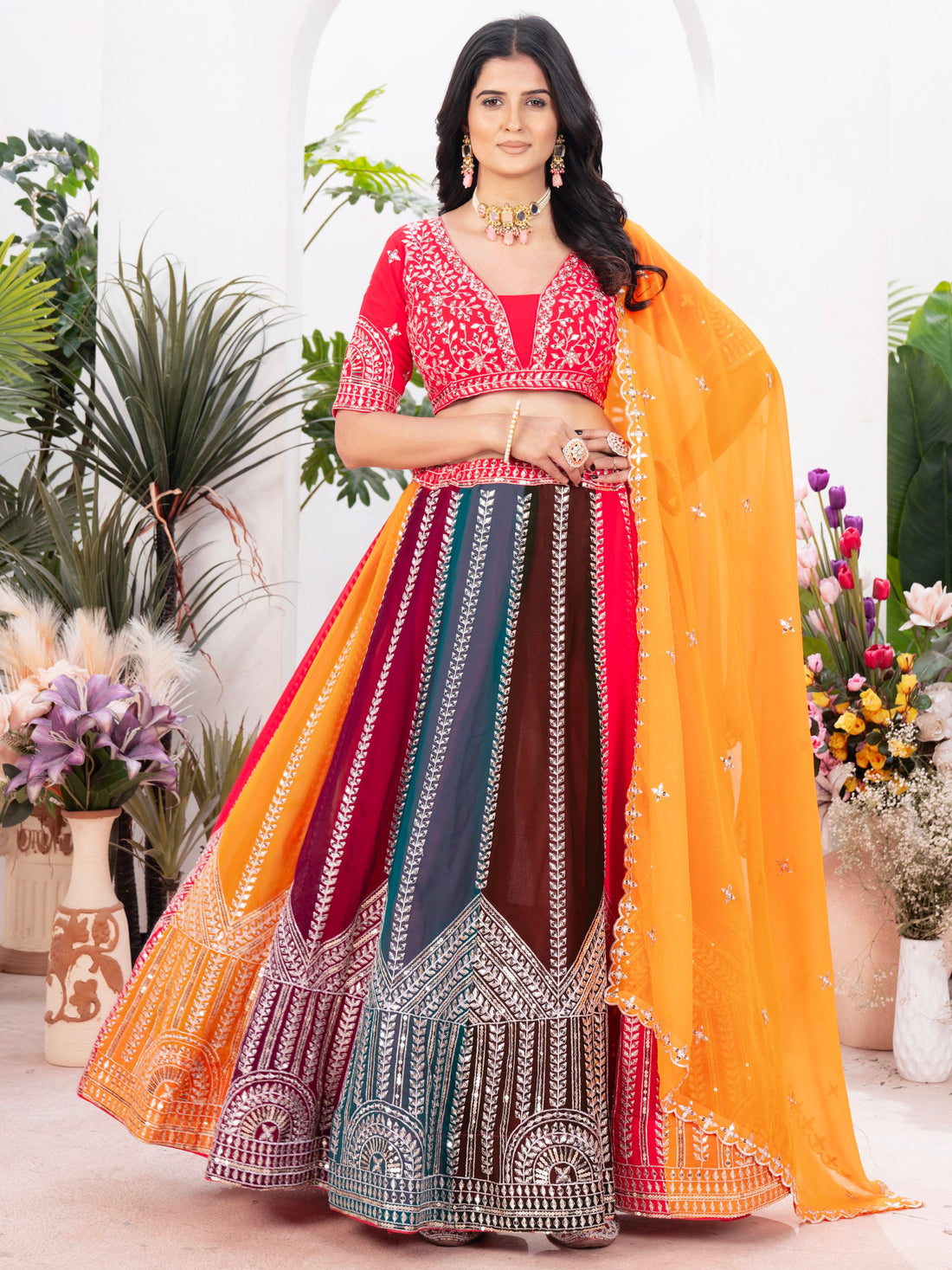 Adorable Multicolor Sequins Georgette Wedding Lehenga Choli With Dupatta