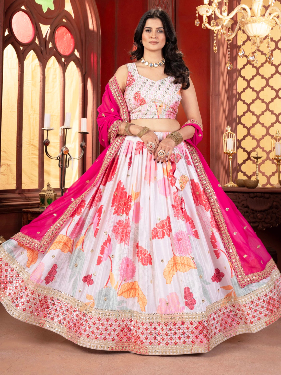 Gorgeous Multicolor Floral Printed Chinon Party Wear Lehenga Choli With Dupatta
