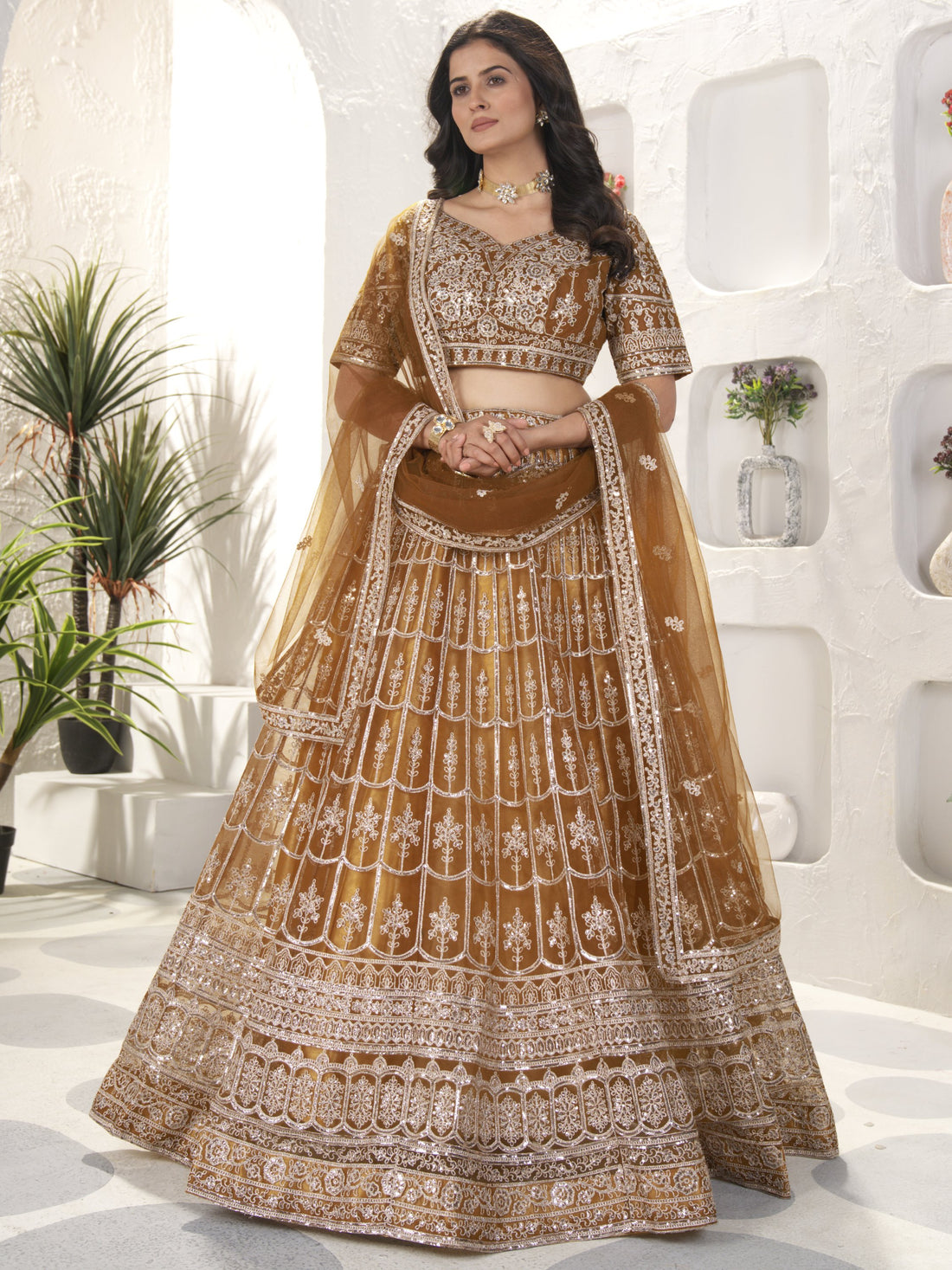 Beautiful Golden Sequins Work Net Wedding Lehenga Choli With Dupatta