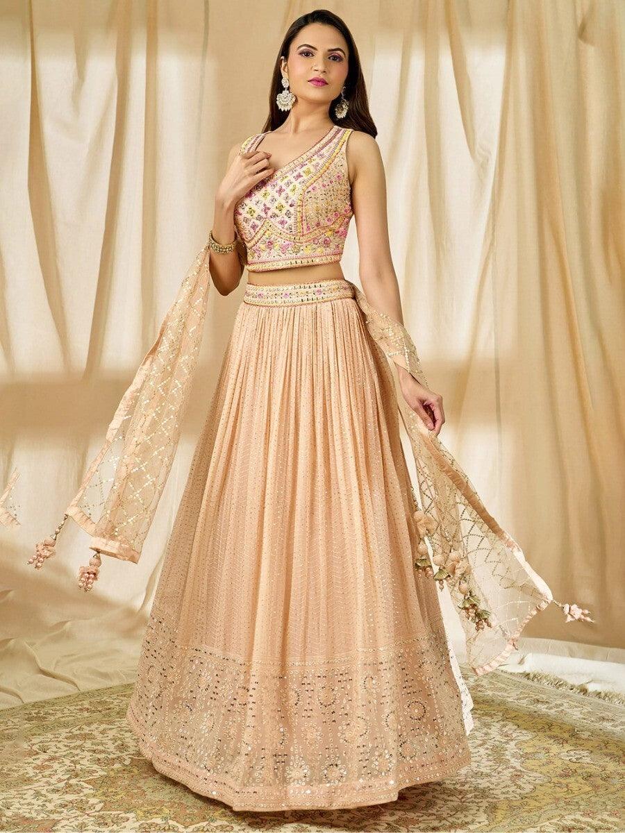 Fabulous Peach Thread Embroidered Georgette Reception Wear Lehenga Choli