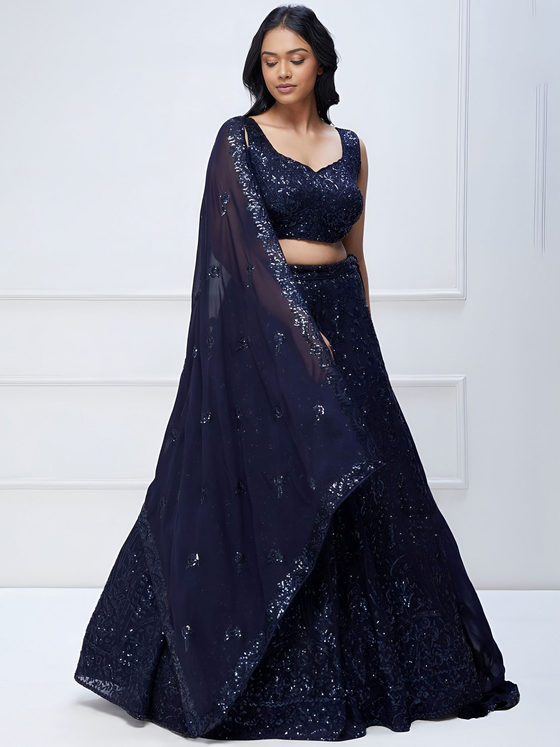 Lovely Navy Blue Sequins Georgette Engagement Wear Lehenga Choli