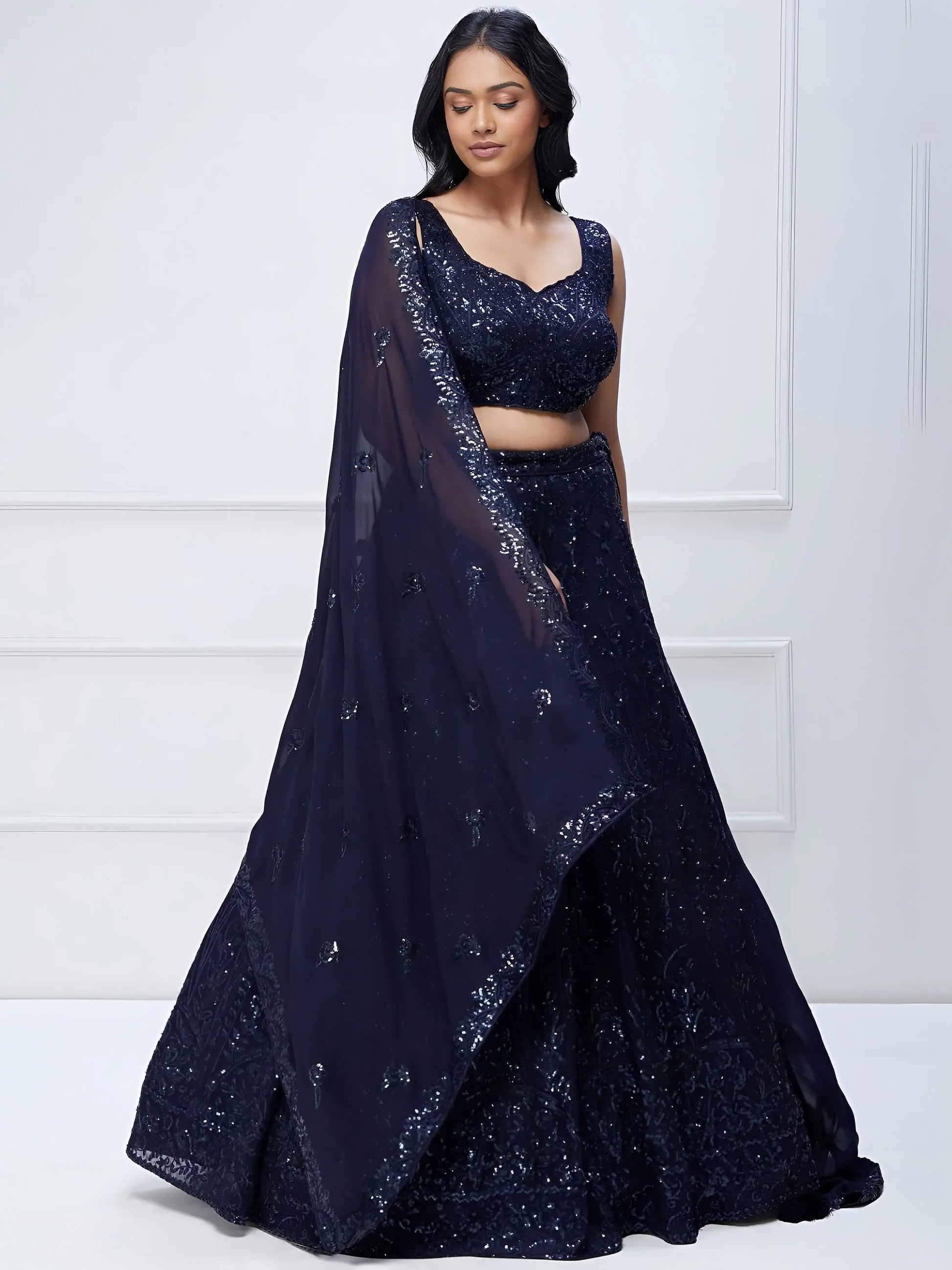 Lovely Navy Blue Sequins Georgette Engagement Wear Lehenga Choli