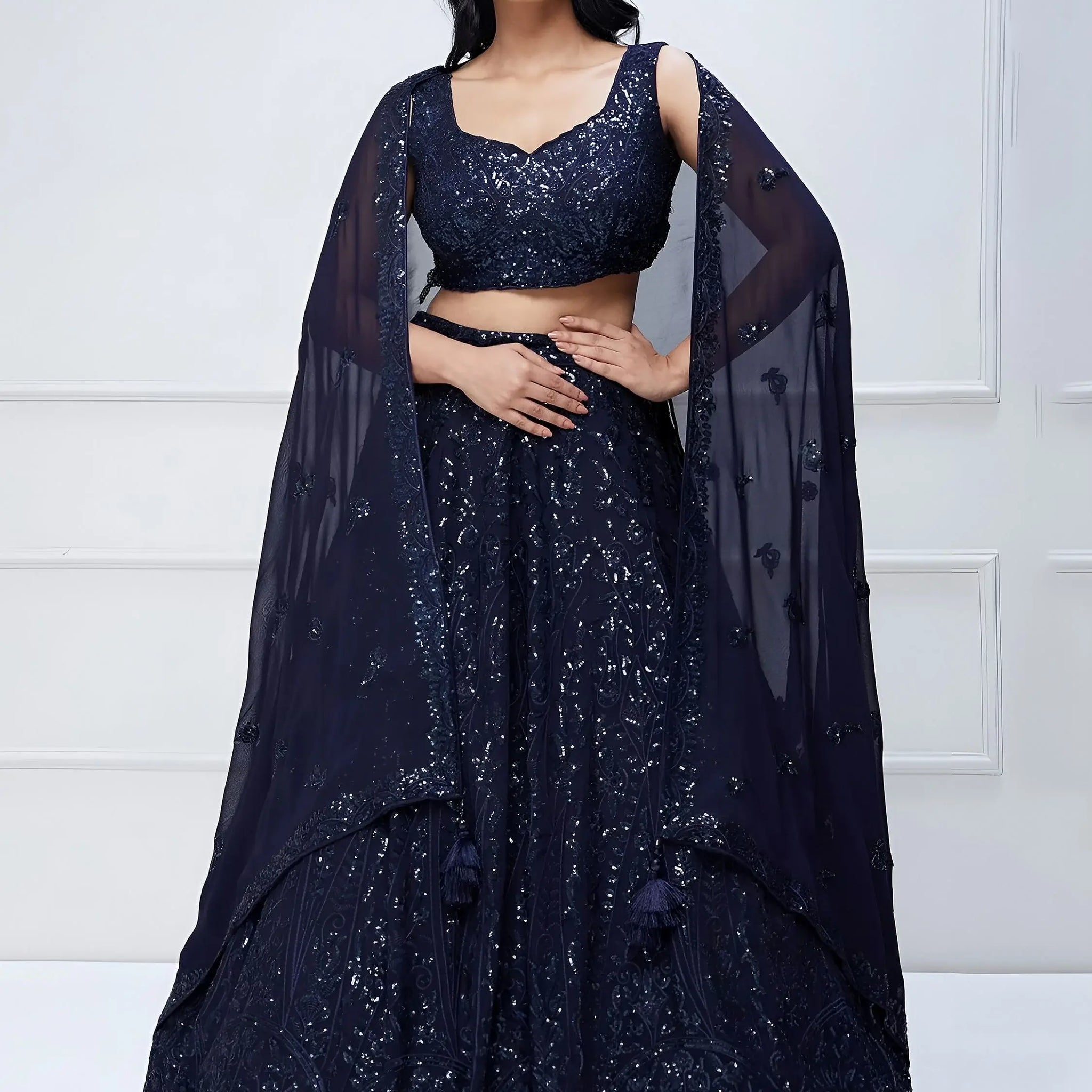 Lovely Navy Blue Sequins Georgette Engagement Wear Lehenga Choli
