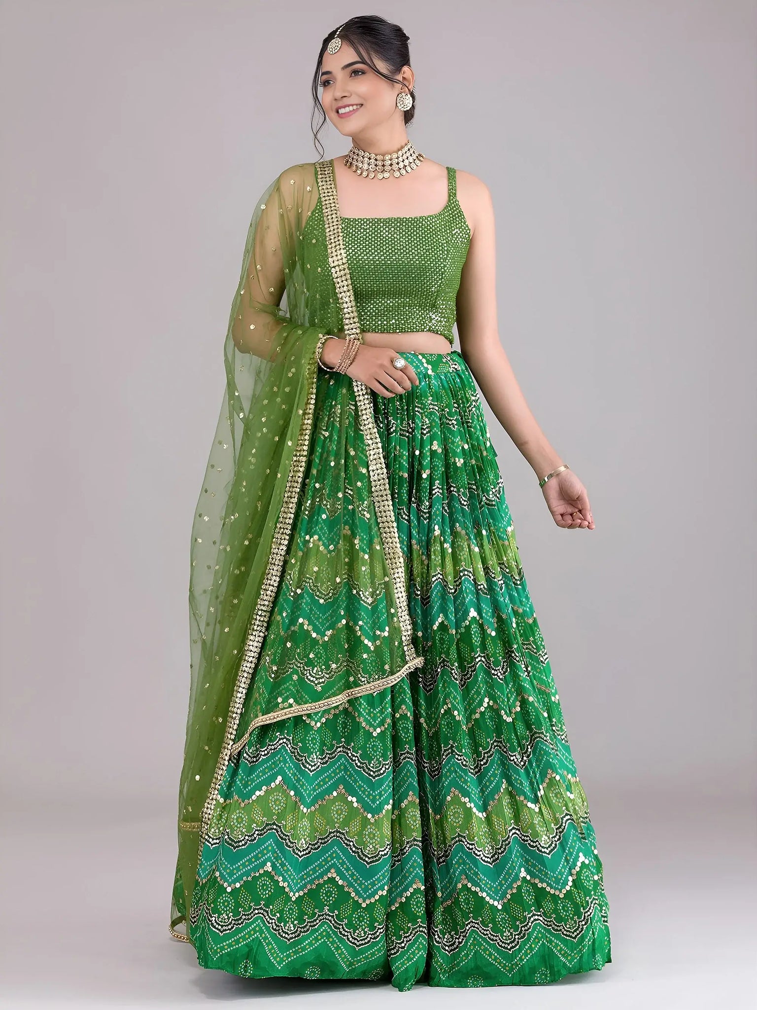 Spectacular Green Sequins Work Georgette Mehendi Wear Lehenga Choli