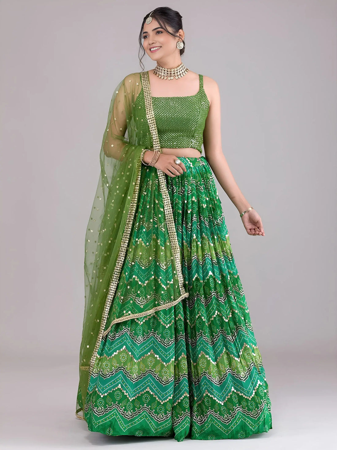 Spectacular Green Sequins Work Georgette Mehendi Wear Lehenga Choli