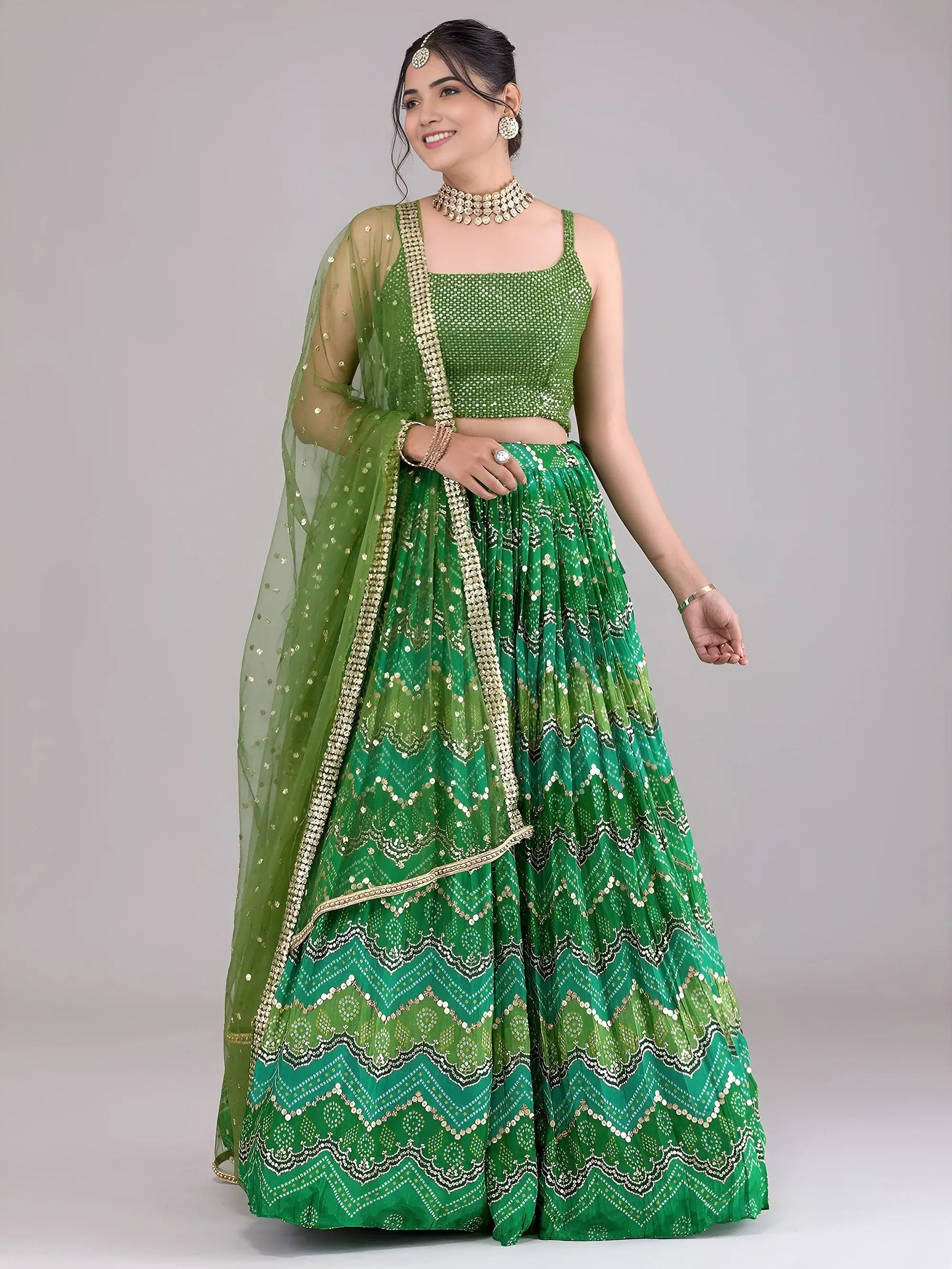 Spectacular Green Sequins Work Georgette Mehendi Wear Lehenga Choli