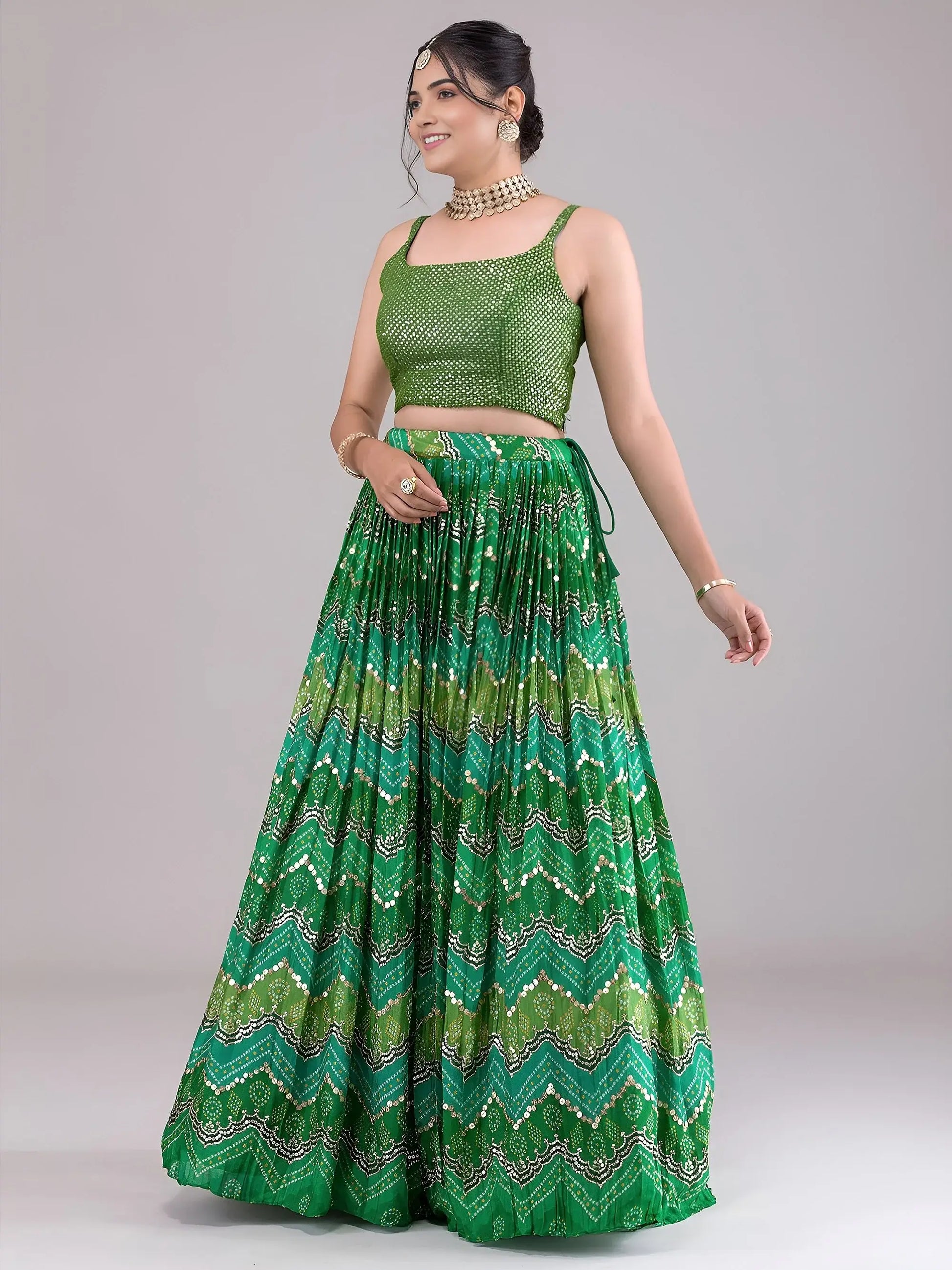 Spectacular Green Sequins Work Georgette Mehendi Wear Lehenga Choli