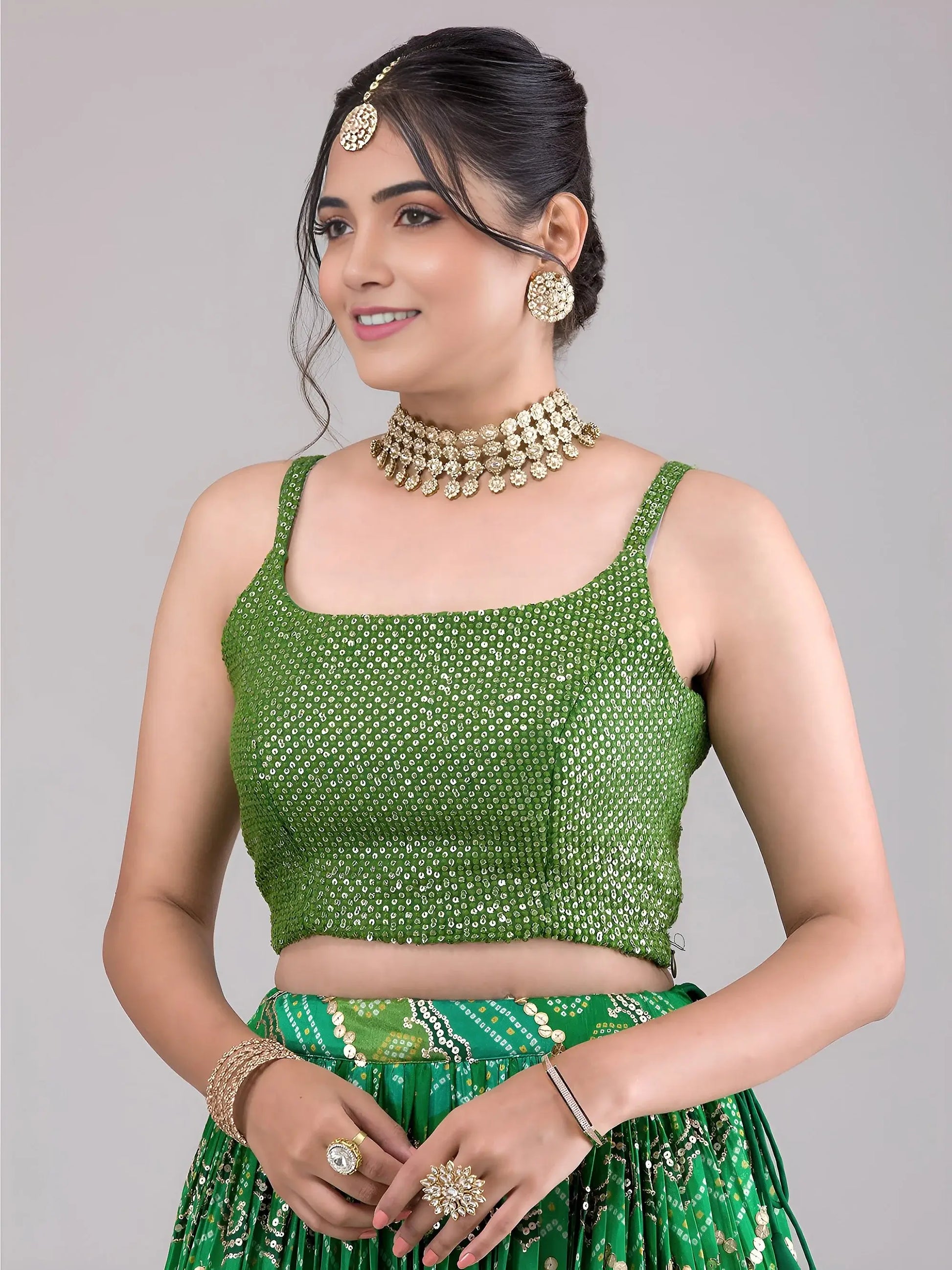 Spectacular Green Sequins Work Georgette Mehendi Wear Lehenga Choli