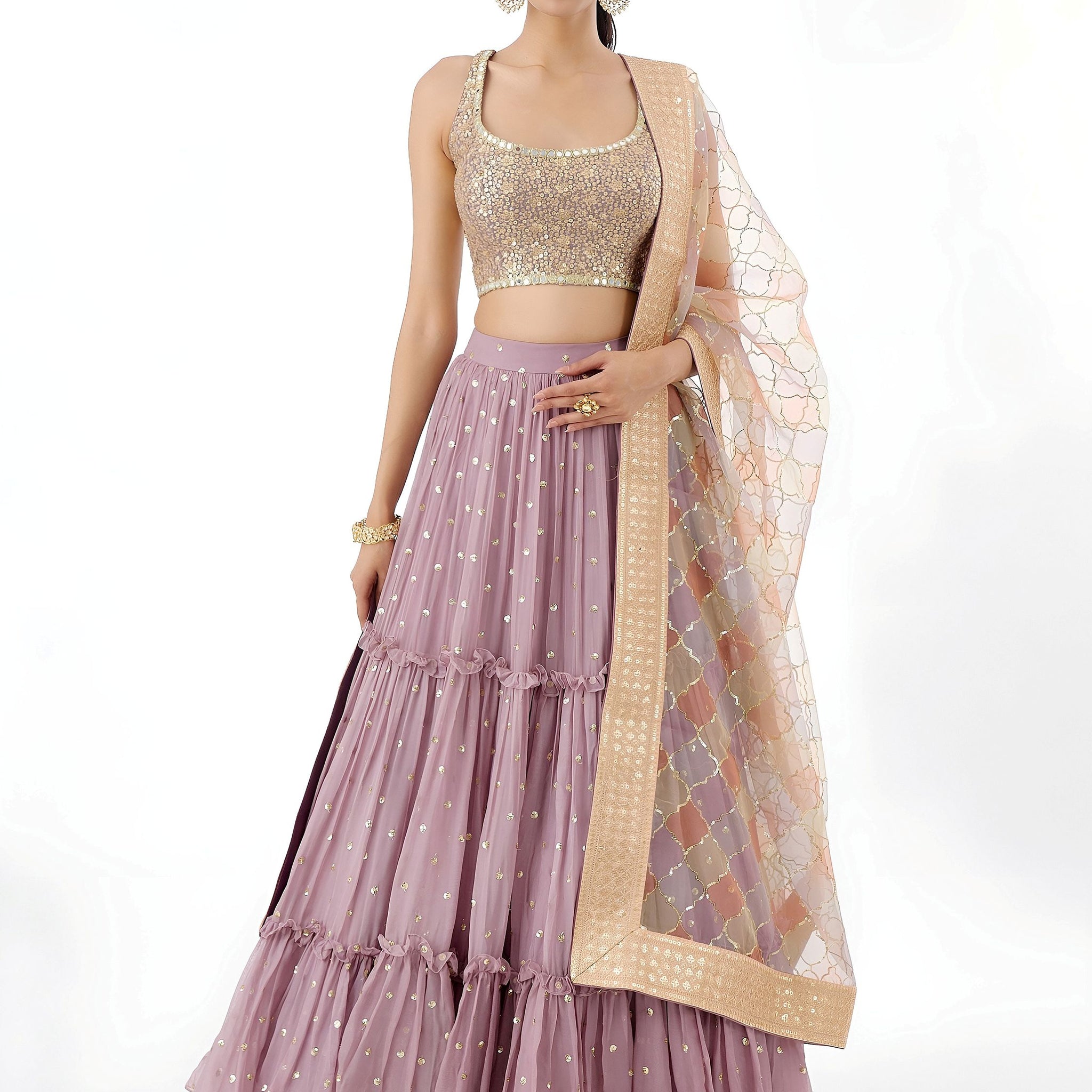 Dazzling Dusty Pink Zari Work Georgette Wedding Wear Lehenga Choli