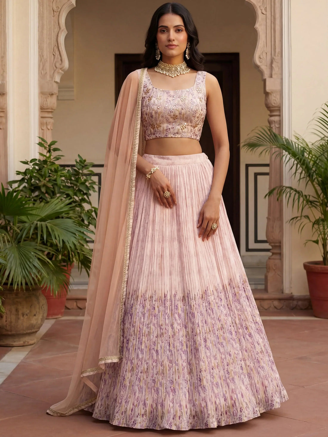 Sparkling Peach Georgette Sangeet Wear Lehenga With Mirror Work Blouse