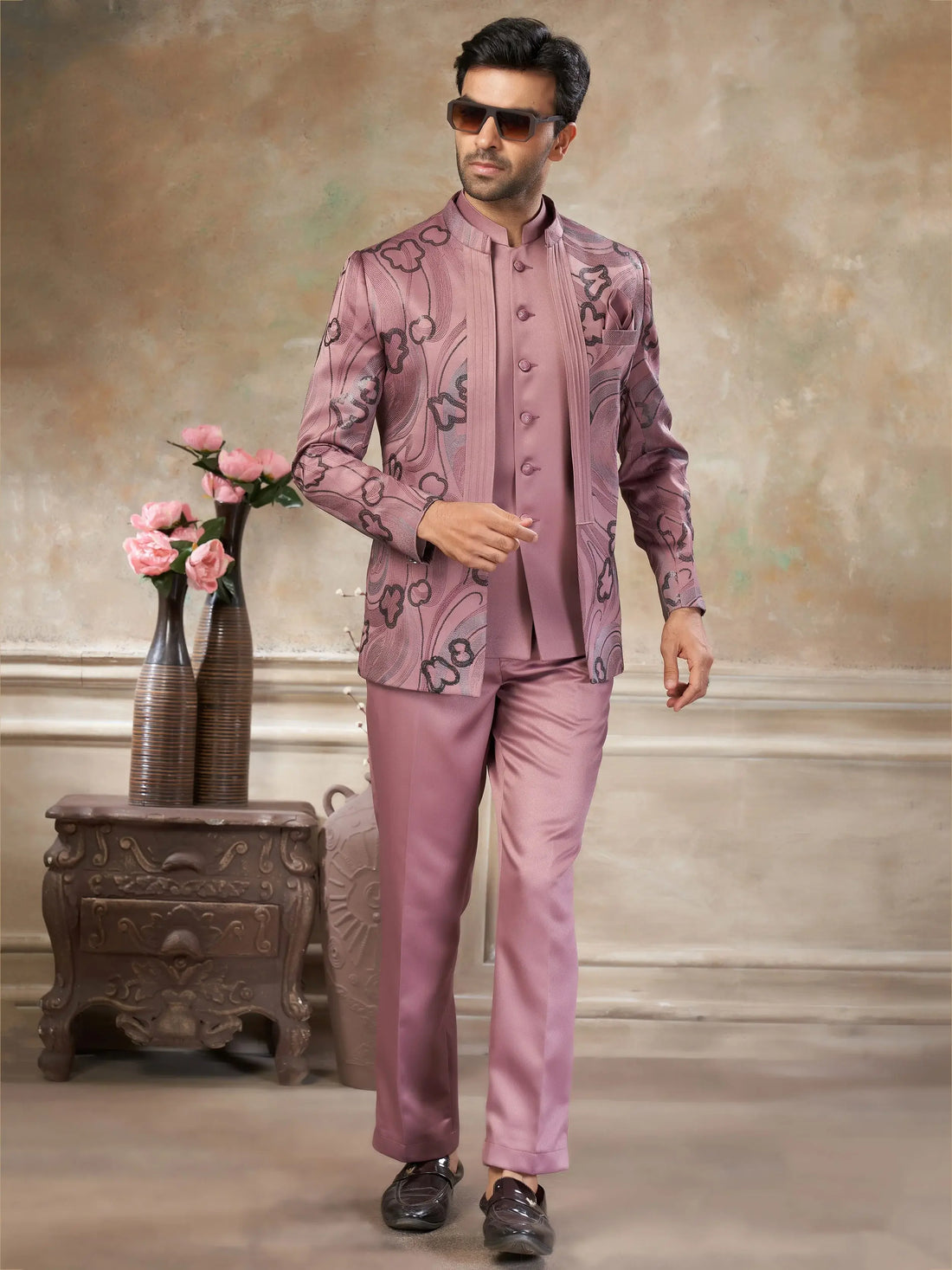Rich Pink Embroidered Imported Event Wear Jothpuri Set For Men