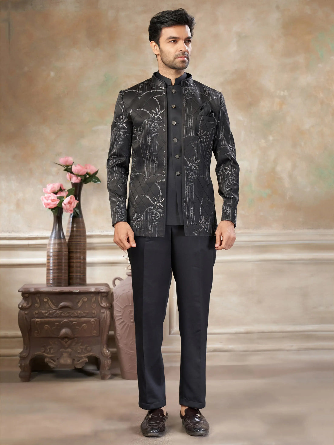 Stylish Black Embroidered Imported Party Wear Jothpuri Set For Men