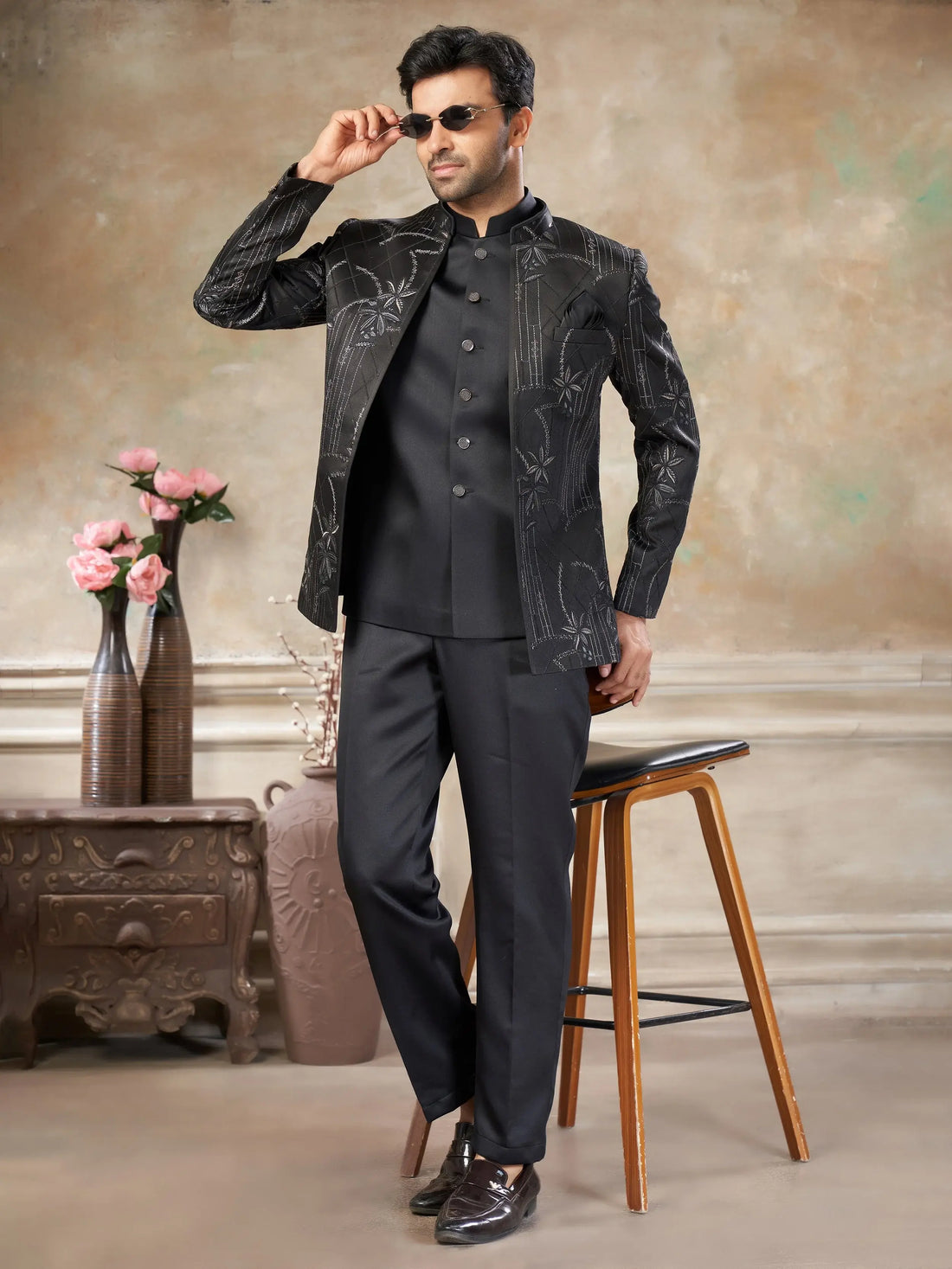 Stylish Black Embroidered Imported Party Wear Jothpuri Set For Men