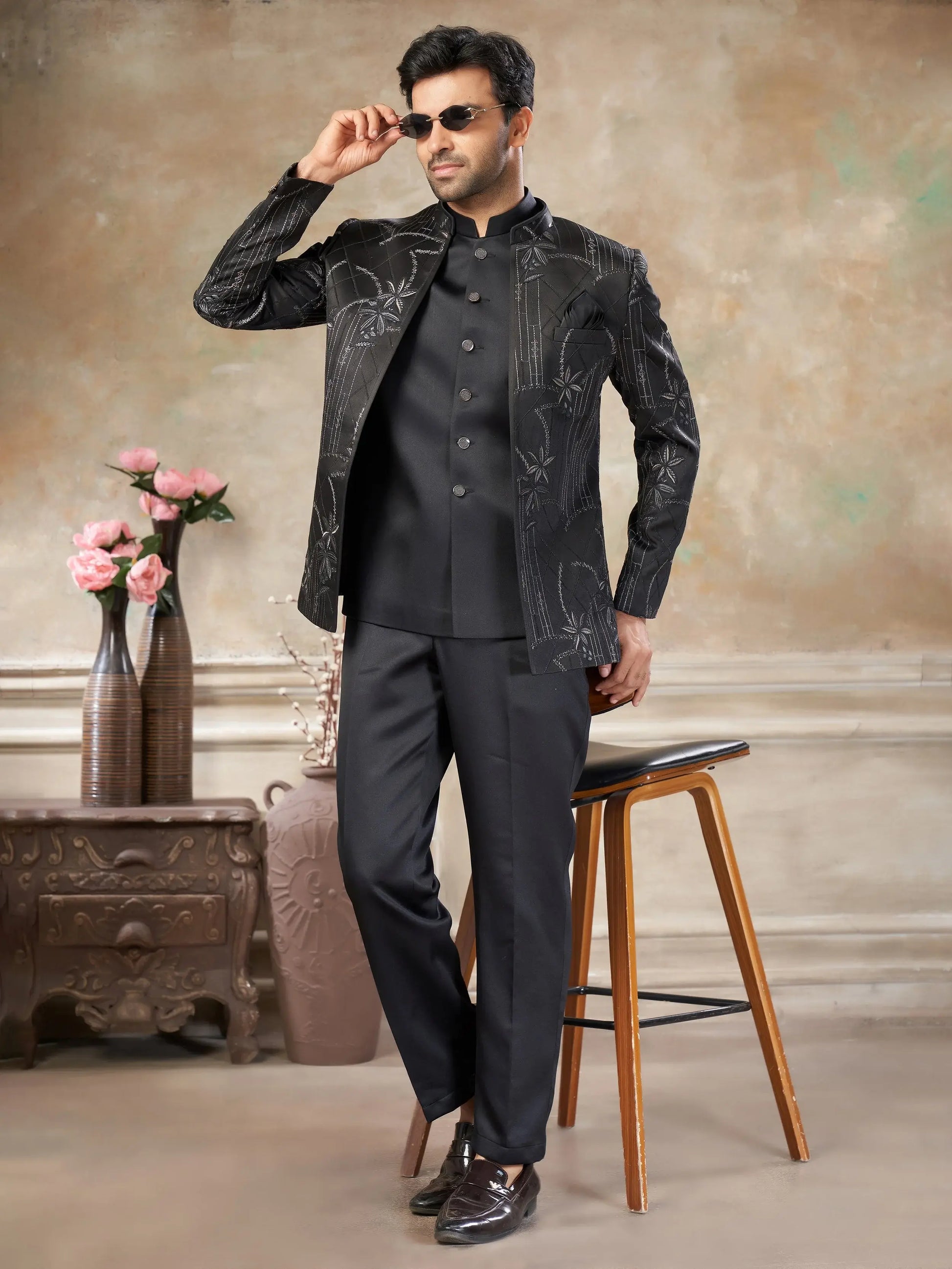 Stylish Black Embroidered Imported Party Wear Jothpuri Set For Men